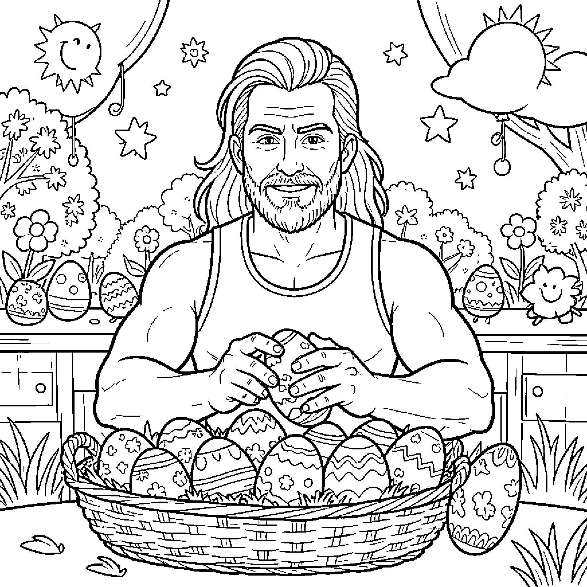 Wrestler Decorating Easter Eggs in Outdoors Setting Coloring Page (free black-and-white line drawing printable PDF for all, from beginners to advanced learners, including children, teens, adults, and seniors)