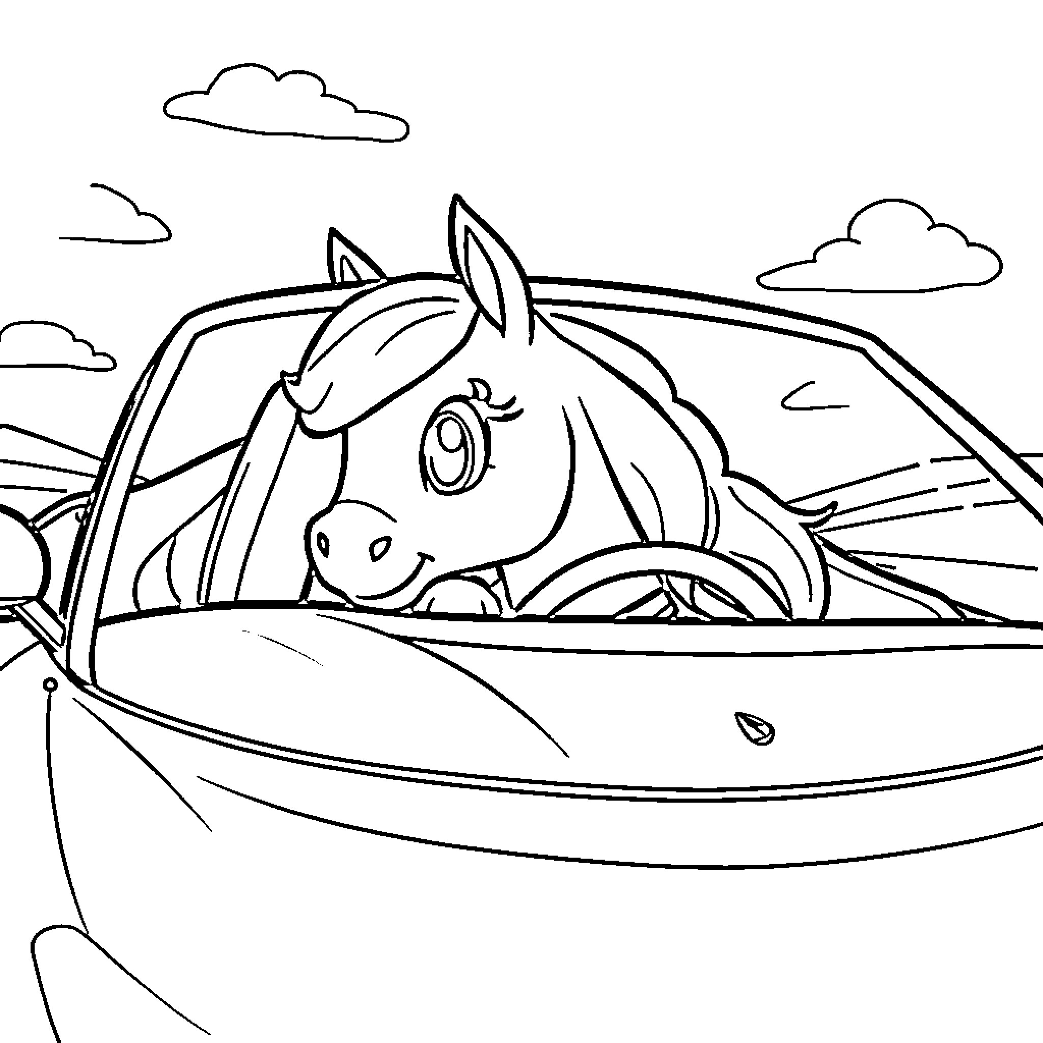 Pony riding happily in a car on the road Coloring Page (free black-and-white line drawing printable PDF for all, from beginners to advanced learners, including children, teens, adults, and seniors)