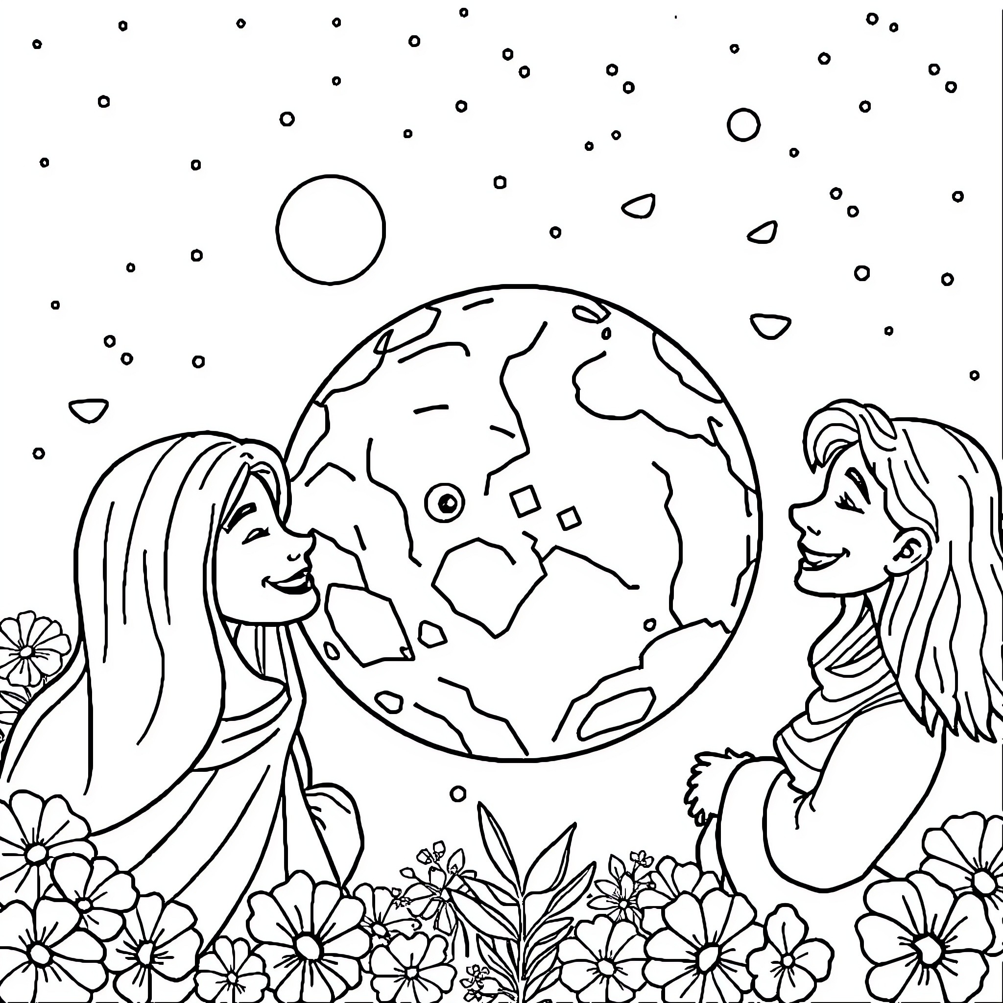 Planet Celebration of Diversity and Unity Coloring Page (free black-and-white line drawing printable PDF for all, from beginners to advanced learners, including children, teens, adults, and seniors)