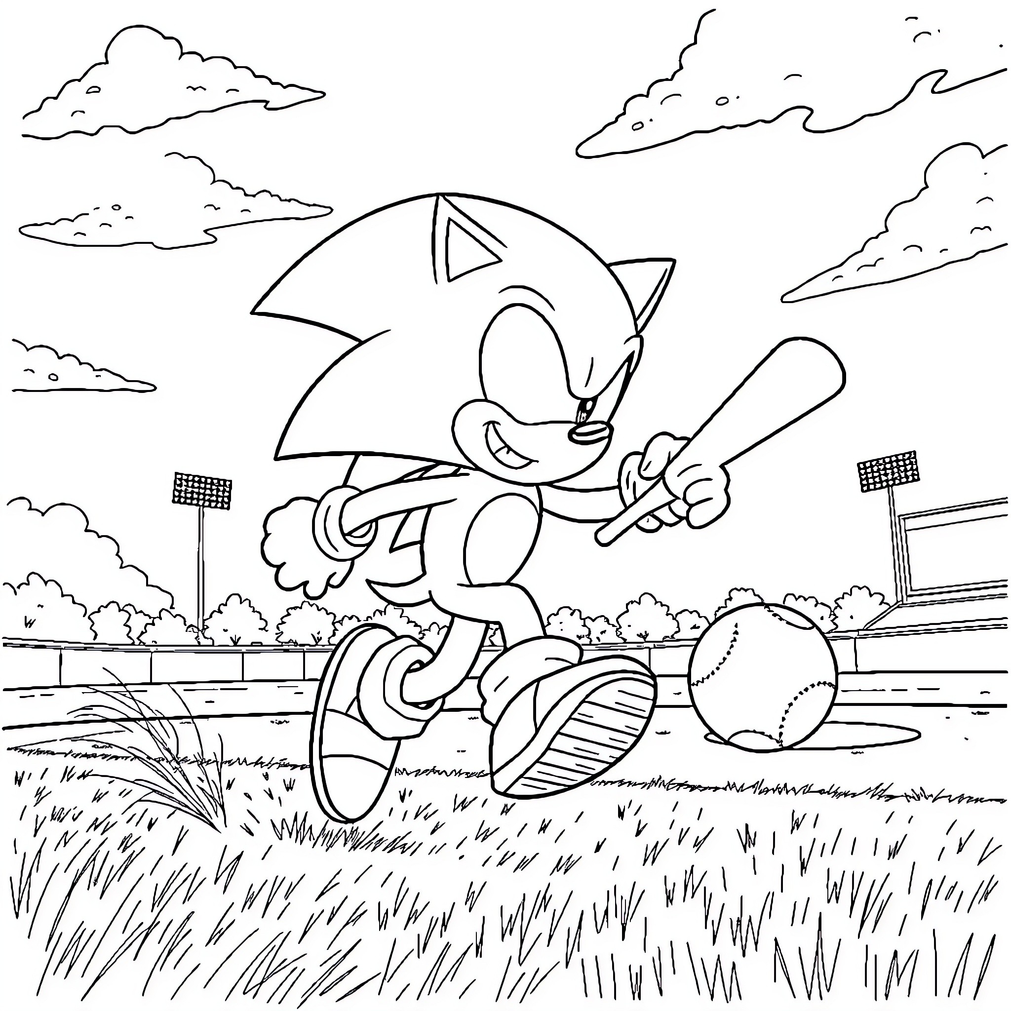 Sonic running on the field with a baseball Coloring Page (free black-and-white line drawing printable PDF for all, from beginners to advanced learners, including children, teens, adults, and seniors)