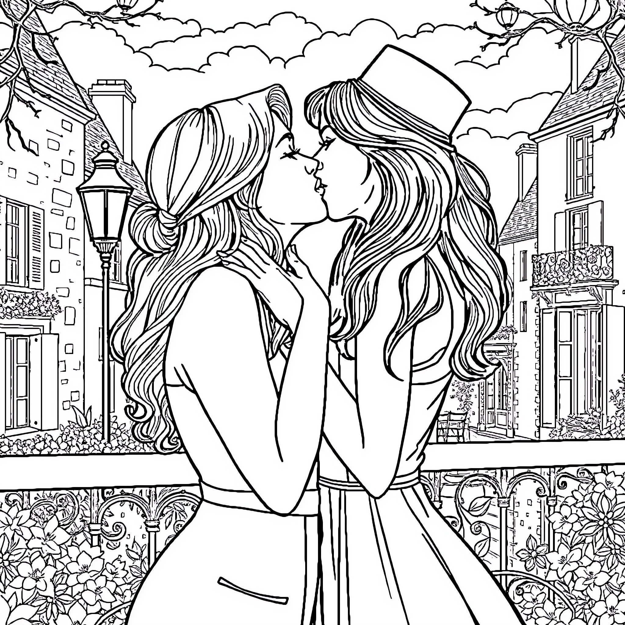 Kiss of Lovers Under the Starry Night Coloring Page (free black-and-white line drawing printable PDF for all, from beginners to advanced learners, including children, teens, adults, and seniors)