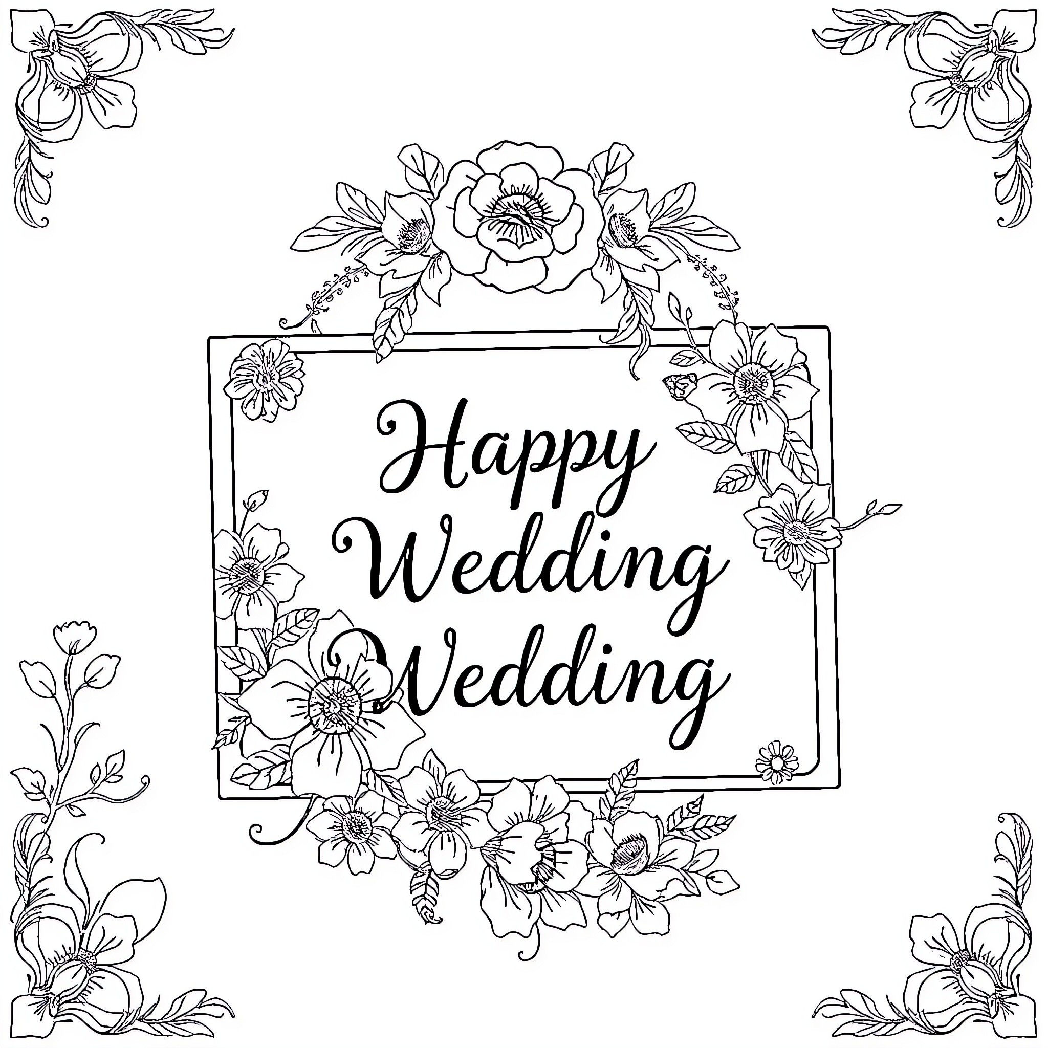 Wedding Card with Floral Wreath and Joyful Message Coloring Page (free black-and-white line drawing printable PDF for all, from beginners to advanced learners, including children, teens, adults, and seniors)