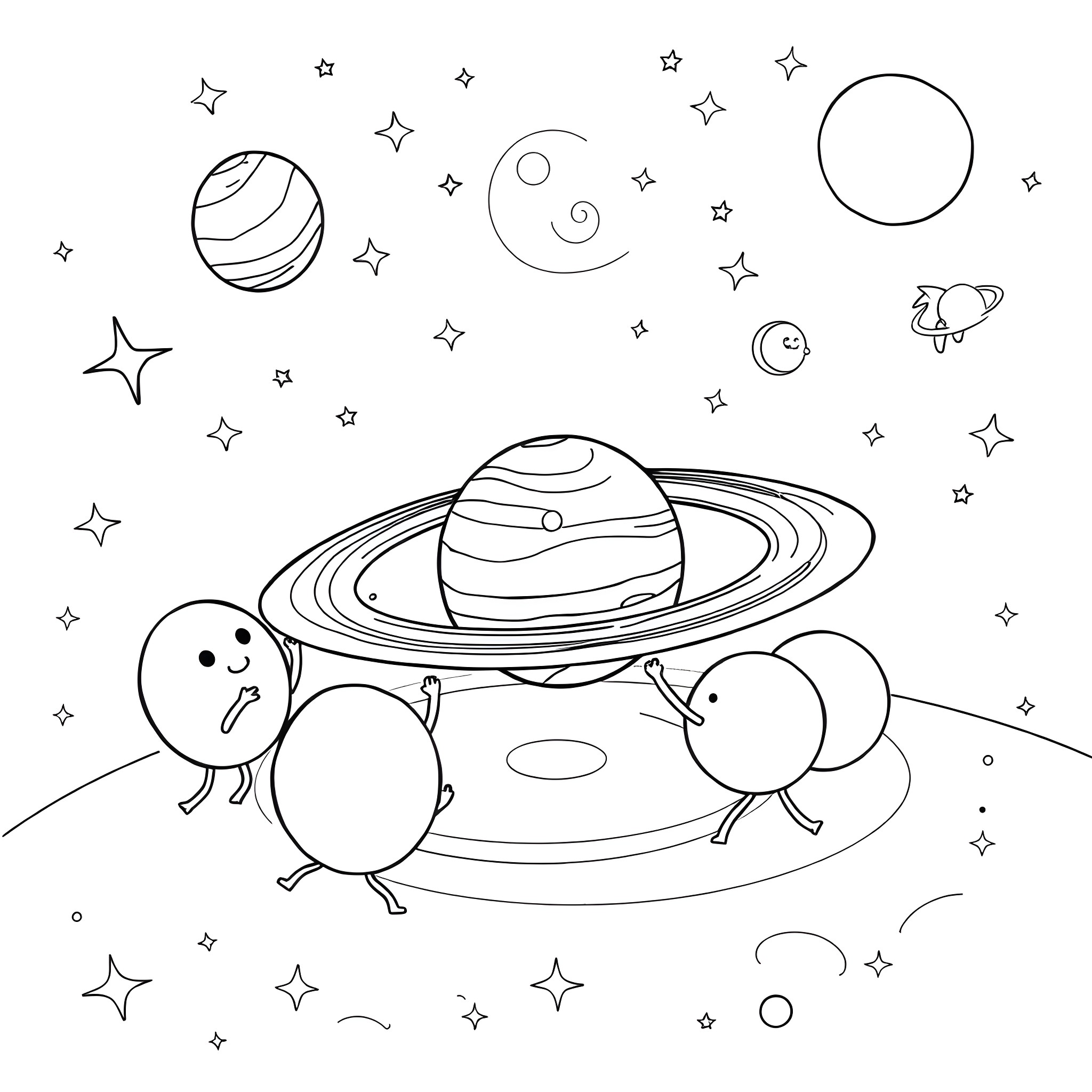 Planet Explorers and Curious Creatures in the Cosmos Coloring Page (free black-and-white line drawing printable PDF for all, from beginners to advanced learners, including children, teens, adults, and seniors)