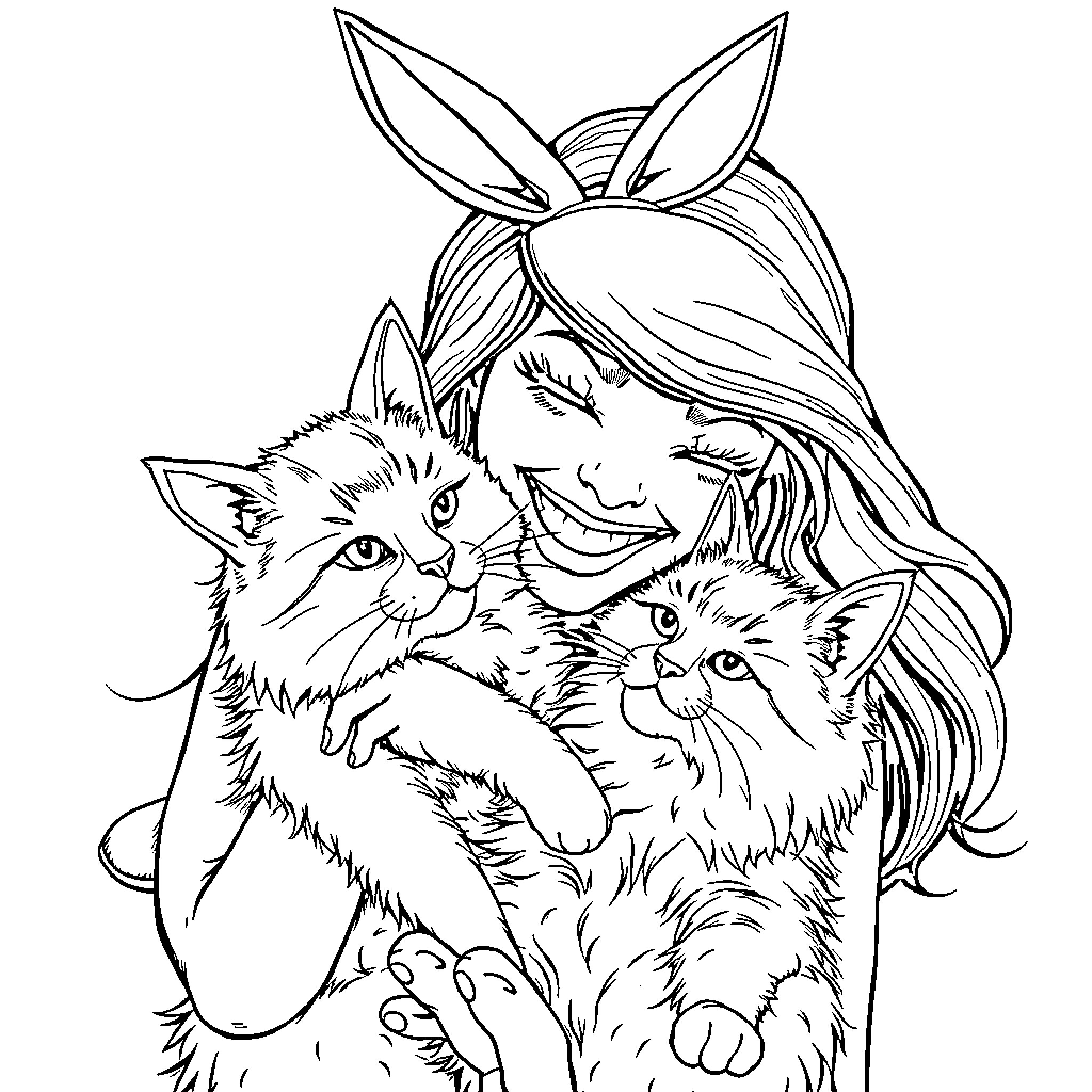 Model with playful expression hugging adorable cats Coloring Page (free black-and-white line drawing printable PDF for all, from beginners to advanced learners, including children, teens, adults, and seniors)