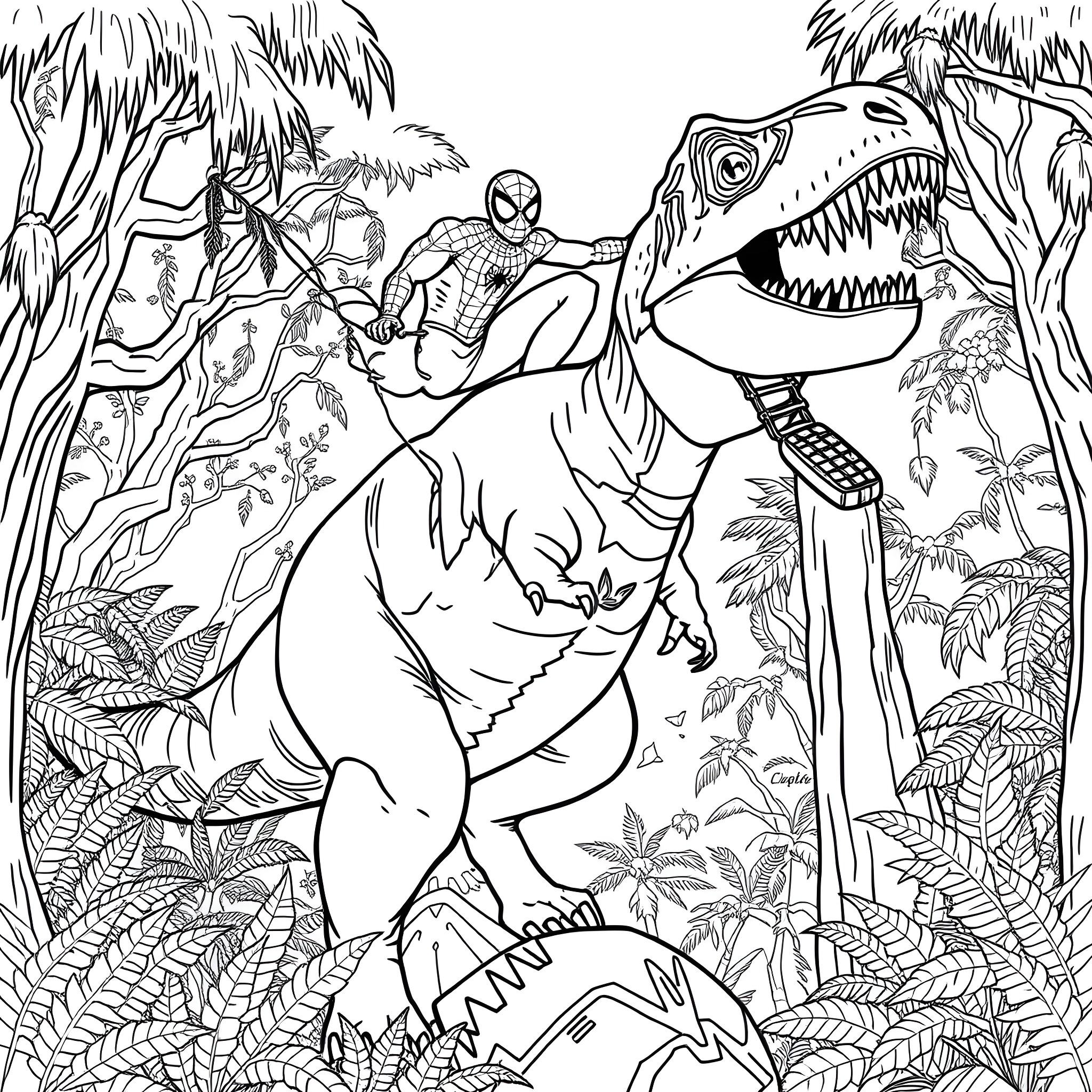 Spiderman battles a ferocious dinosaur in the jungle Coloring Page (free black-and-white line drawing printable PDF for all, from beginners to advanced learners, including children, teens, adults, and seniors)