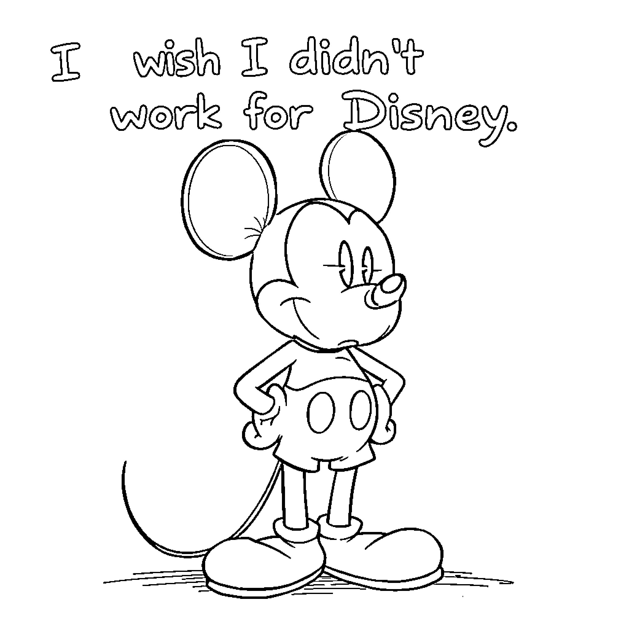 Mickey Mouse expressing disappointment about not working for Disney Coloring Page (free black-and-white line drawing printable PDF for all, from beginners to advanced learners, including children, teens, adults, and seniors)
