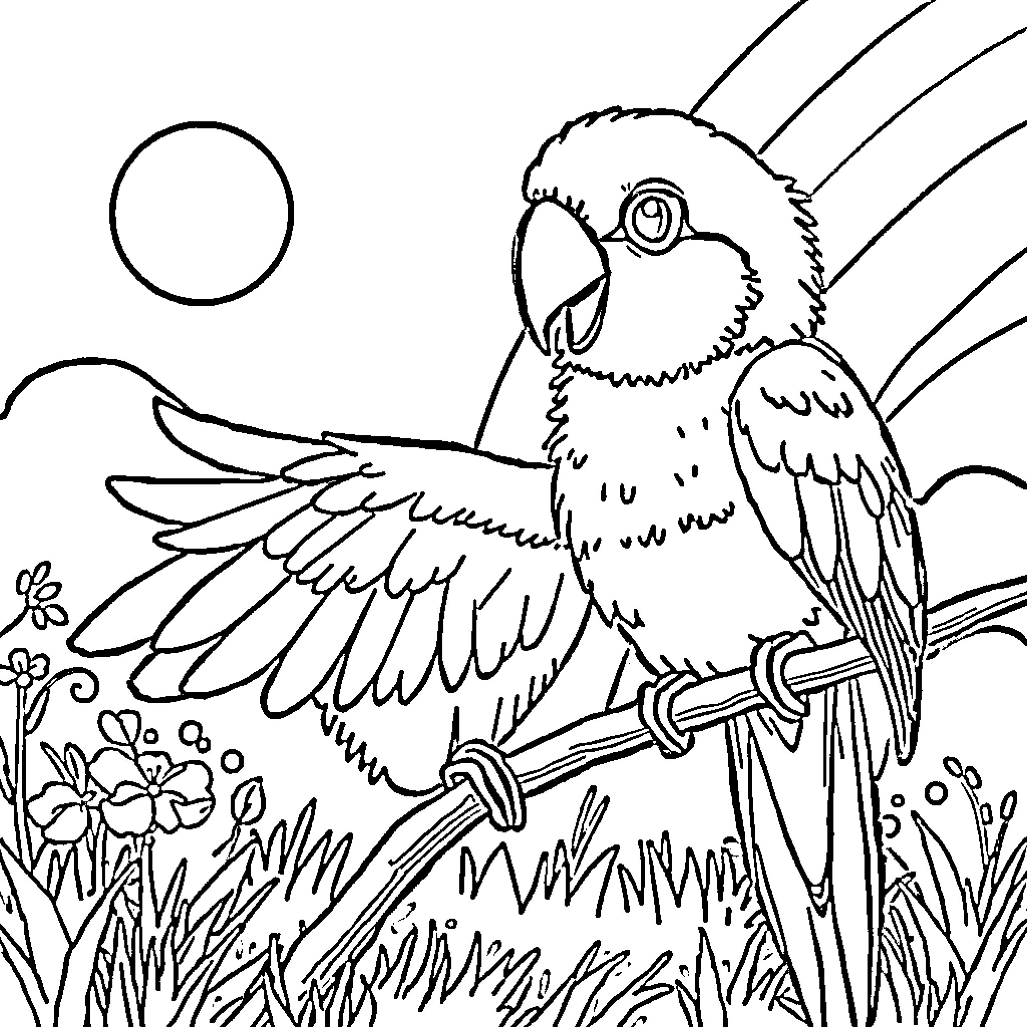 Bluey's parrot adventure in the wild garden Coloring Page (free black-and-white line drawing printable PDF for all, from beginners to advanced learners, including children, teens, adults, and seniors)