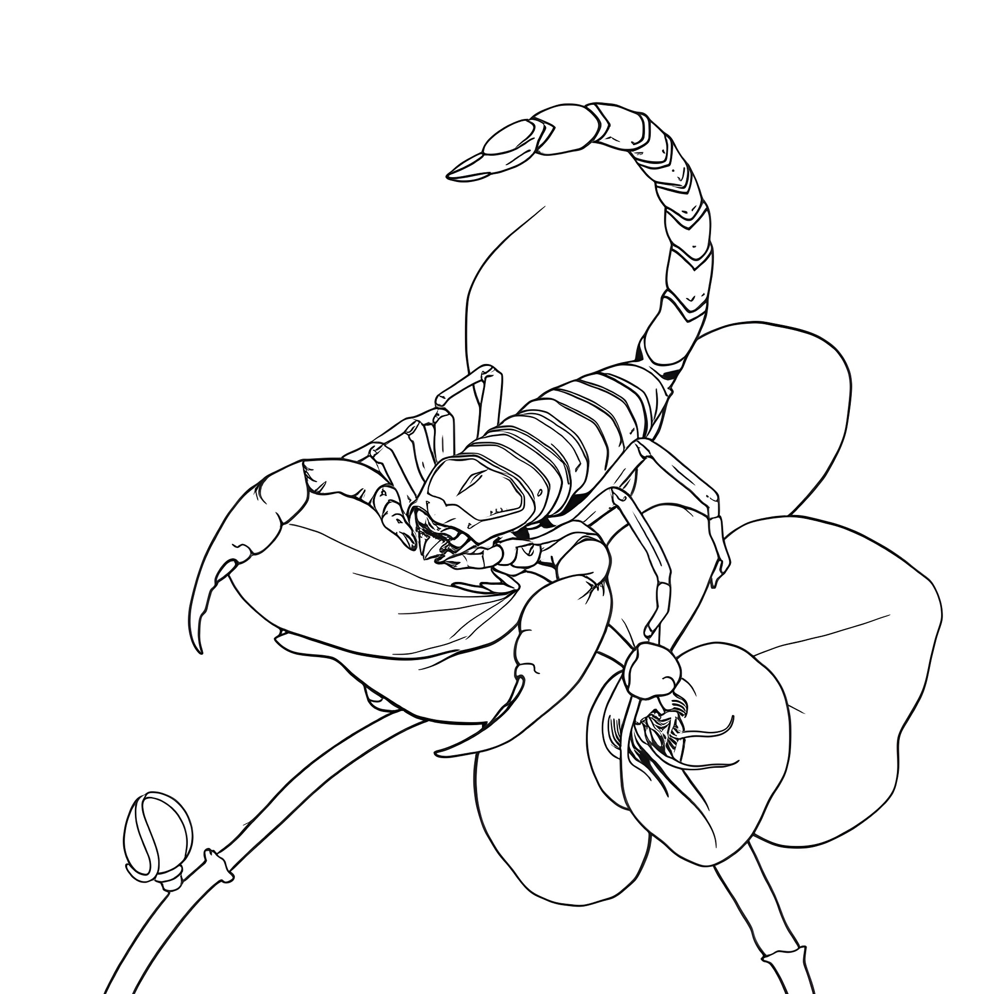 Scorpion crawling on an orchid flower Coloring Page (free black-and-white line drawing printable PDF for all, from beginners to advanced learners, including children, teens, adults, and seniors)