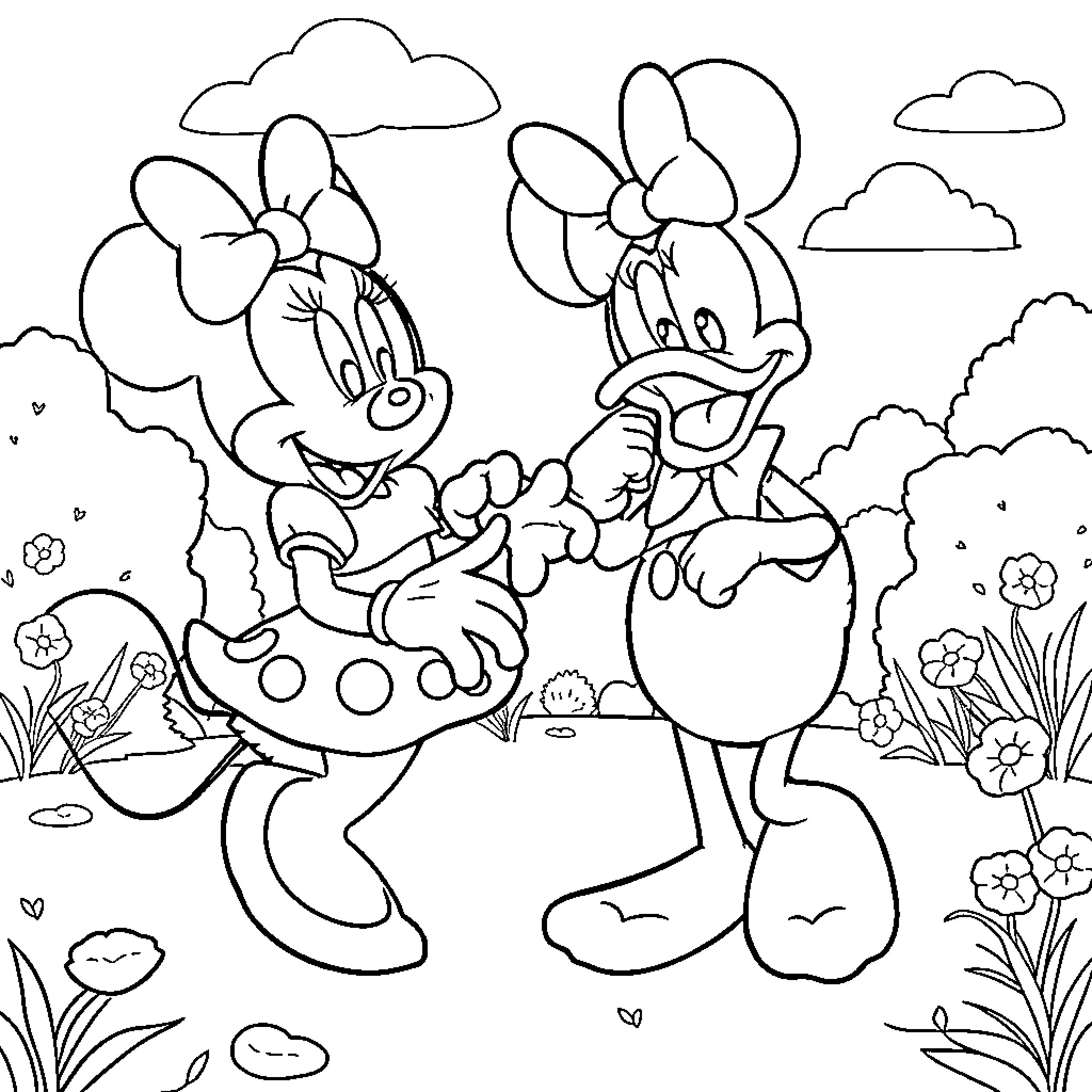 Minnie Mouse and Daisy Duck in a Cheerful Outdoor Setting Coloring Page (free black-and-white line drawing printable PDF for all, from beginners to advanced learners, including children, teens, adults, and seniors)