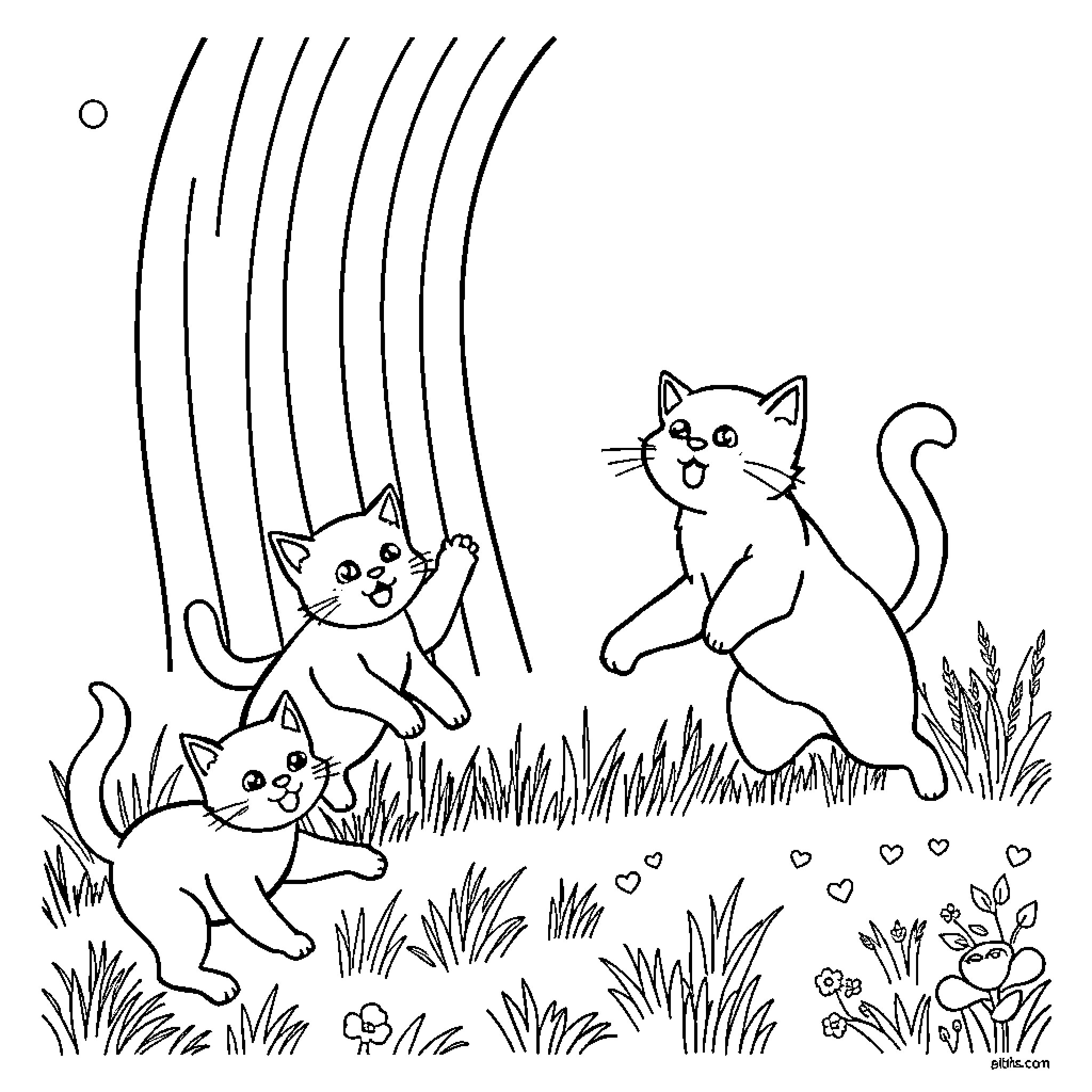 Cat kittens playing in the field Coloring Page (free black-and-white line drawing printable PDF for all, from beginners to advanced learners, including children, teens, adults, and seniors)