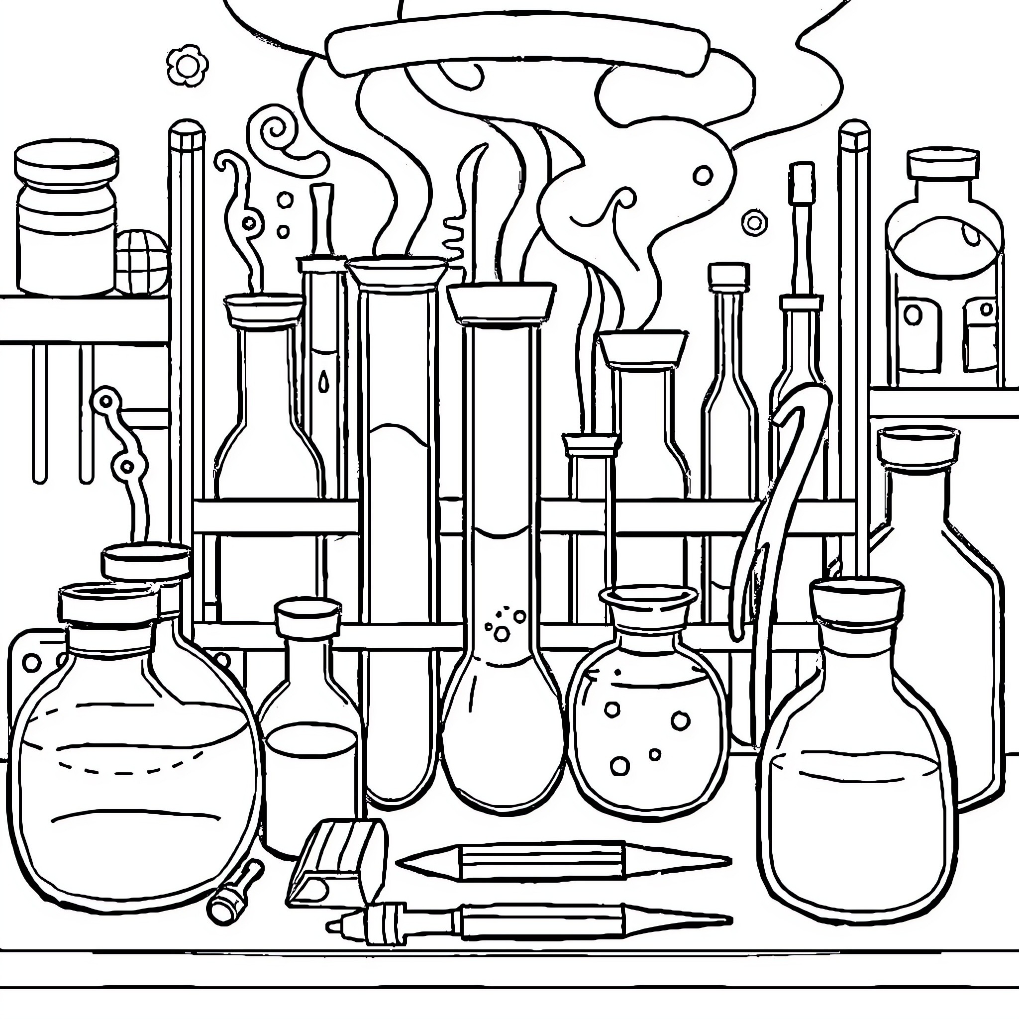 Chemist Kit with Assorted Scientific Instruments Coloring Page (free black-and-white line drawing printable PDF for all, from beginners to advanced learners, including children, teens, adults, and seniors)