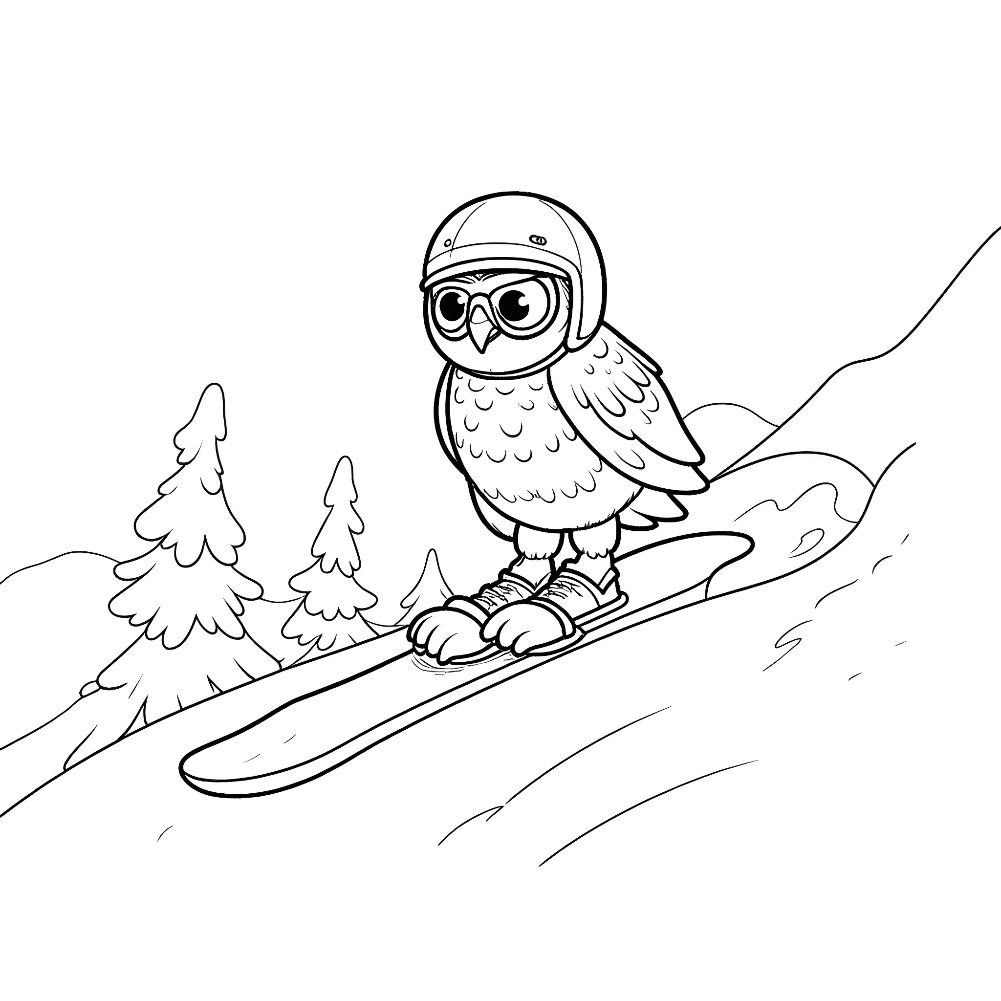 Owl skiing down snowy slopes Coloring Page (free black-and-white line drawing printable PDF for all, from beginners to advanced learners, including children, teens, adults, and seniors)