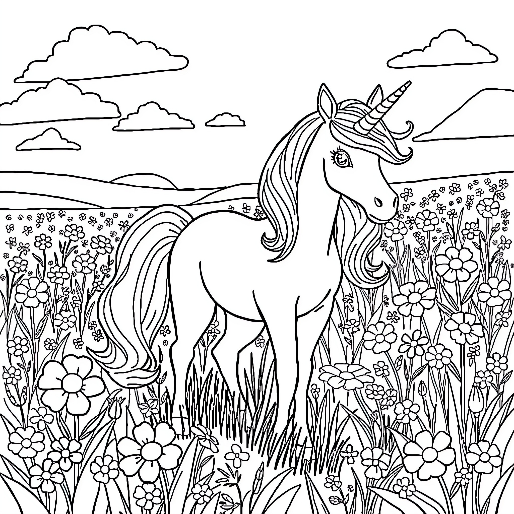 Barbie Unicorn in Magical Flower Garden Coloring Page (free black-and-white line drawing printable PDF for all, from beginners to advanced learners, including children, teens, adults, and seniors)