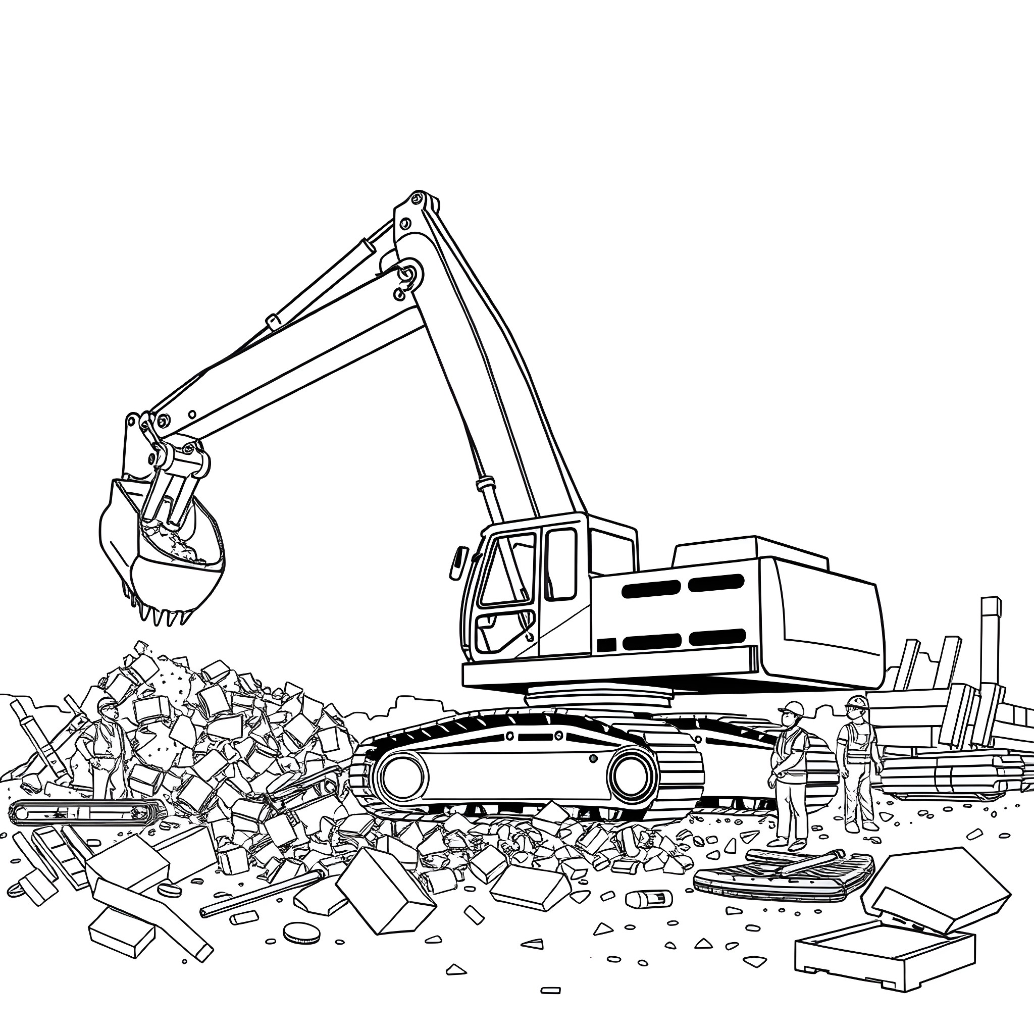 Excavator working on a construction site Coloring Page (free black-and-white line drawing printable PDF for all, from beginners to advanced learners, including children, teens, adults, and seniors)