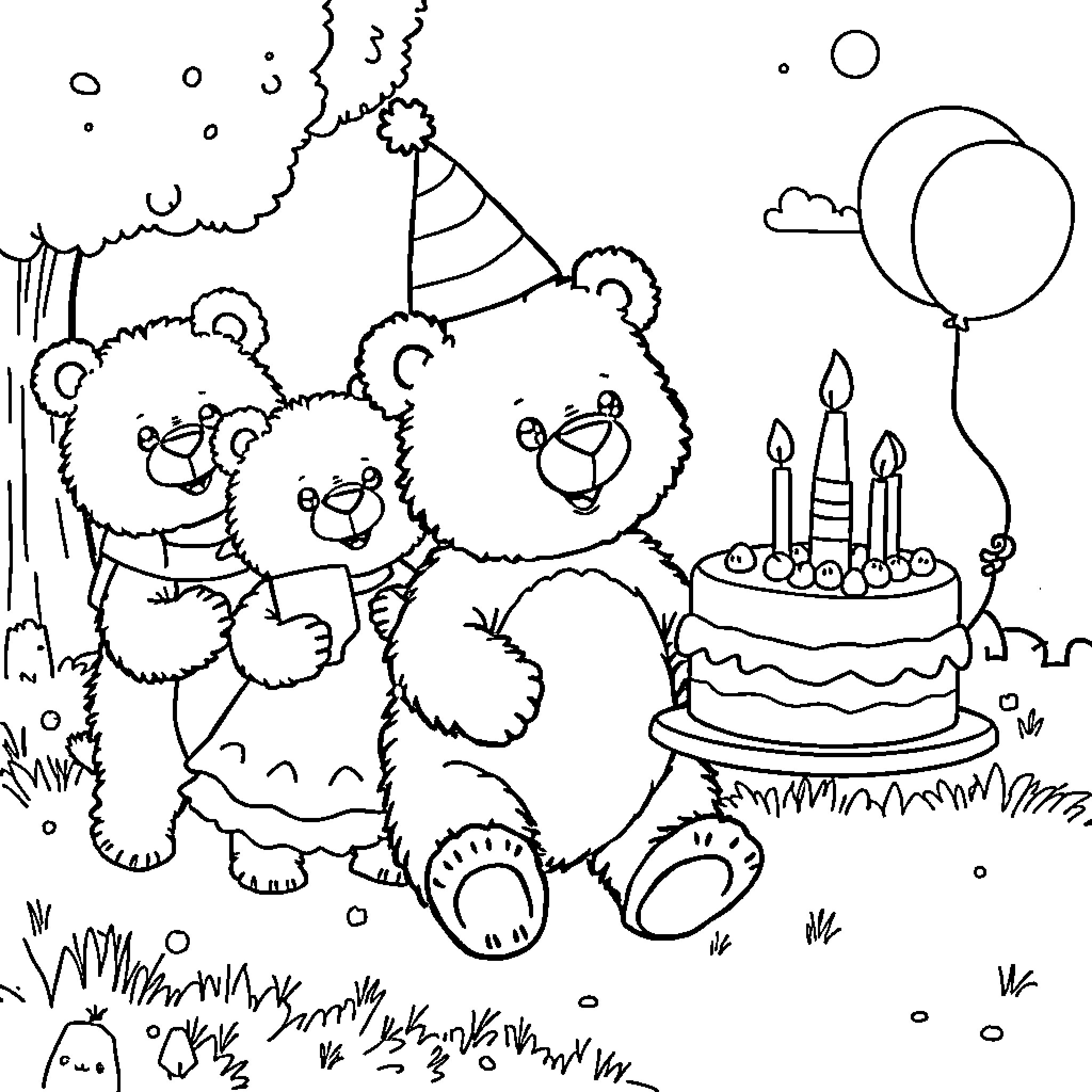 Brown Bear Celebrating Birthday with Cake and Balloons Coloring Page (free black-and-white line drawing printable PDF for all, from beginners to advanced learners, including children, teens, adults, and seniors)