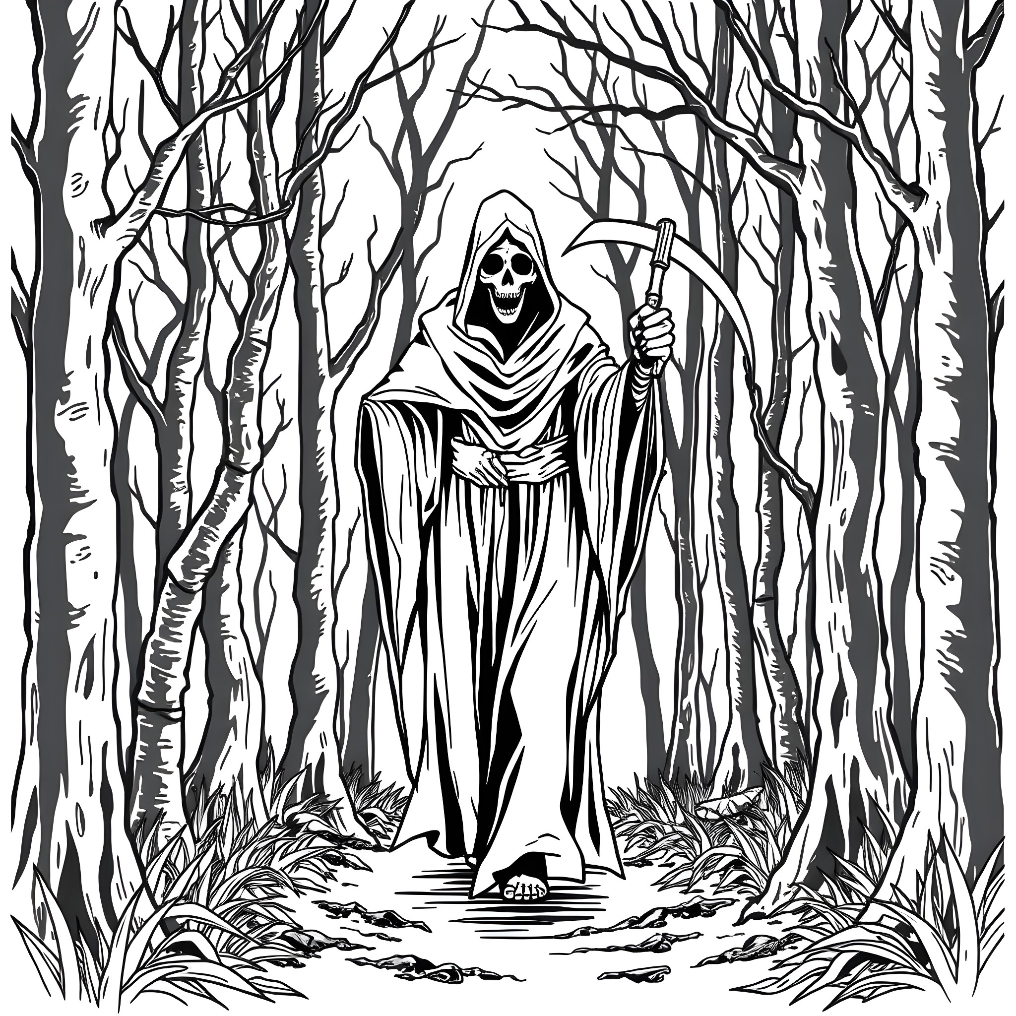 Grim Reaper Stalking Through the Eerie Forest Coloring Page (free black-and-white line drawing printable PDF for all, from beginners to advanced learners, including children, teens, adults, and seniors)