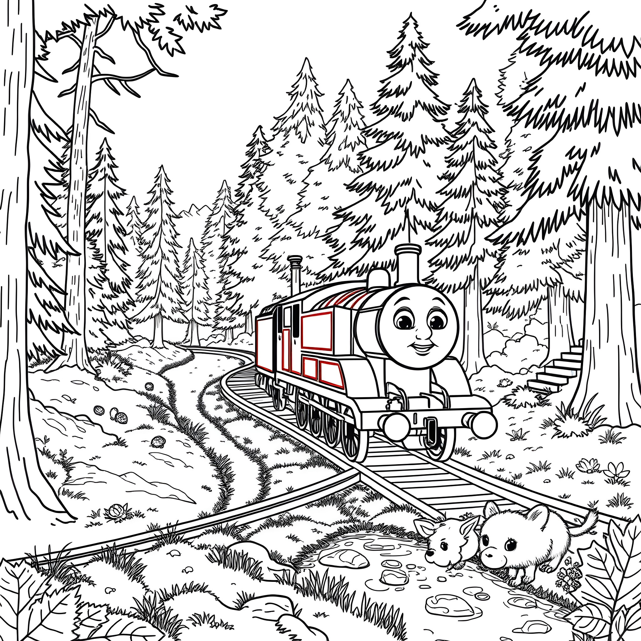 Thomas the Train Chugging through the Enchanted Forest Coloring Page (free black-and-white line drawing printable PDF for all, from beginners to advanced learners, including children, teens, adults, and seniors)