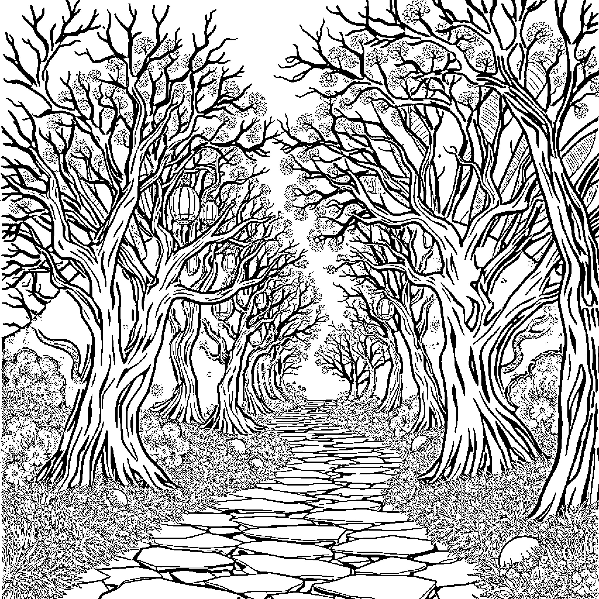 Bro, the mysterious tree-lined path Coloring Page (free black-and-white line drawing printable PDF for all, from beginners to advanced learners, including children, teens, adults, and seniors)