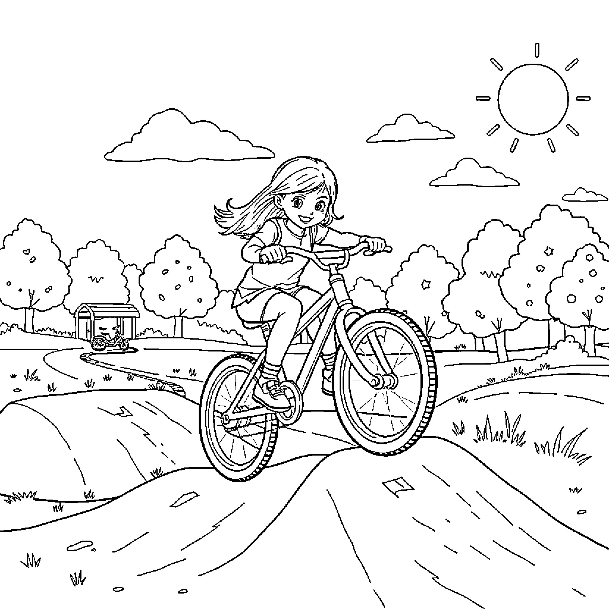 Girl riding bicycle through scenic countryside Coloring Page (free black-and-white line drawing printable PDF for all, from beginners to advanced learners, including children, teens, adults, and seniors)