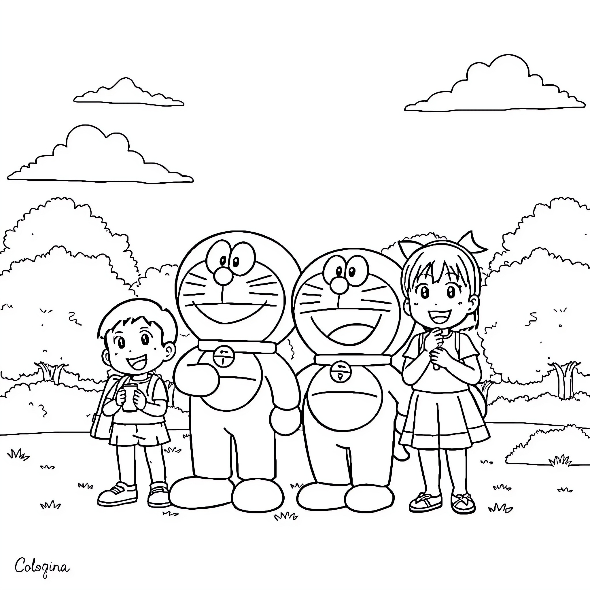 Doremon and friends enjoying outdoor adventure Coloring Page (free black-and-white line drawing printable PDF for all, from beginners to advanced learners, including children, teens, adults, and seniors)