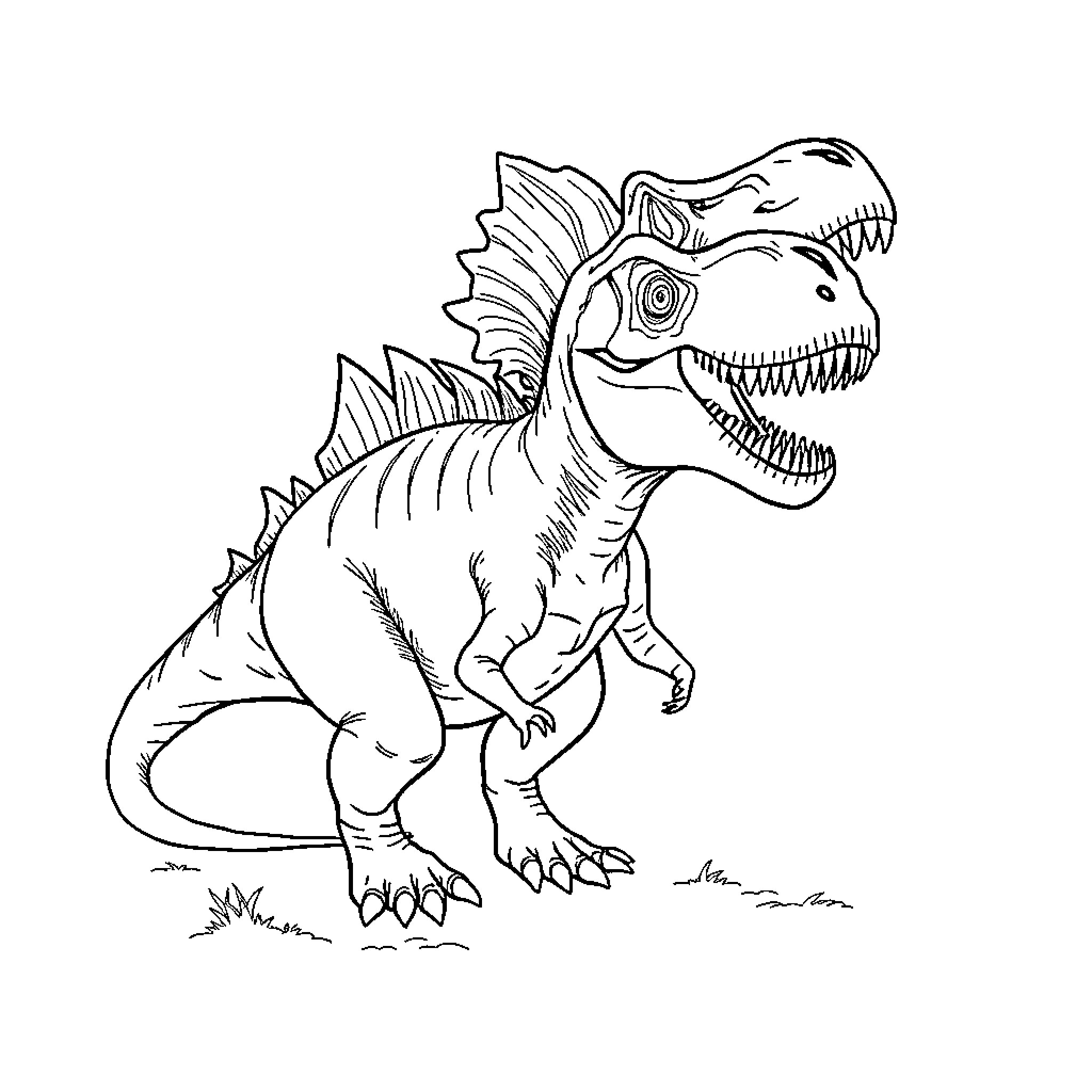 Spinosaurus roaring with ferocity in the wild Coloring Page (free black-and-white line drawing printable PDF for all, from beginners to advanced learners, including children, teens, adults, and seniors)