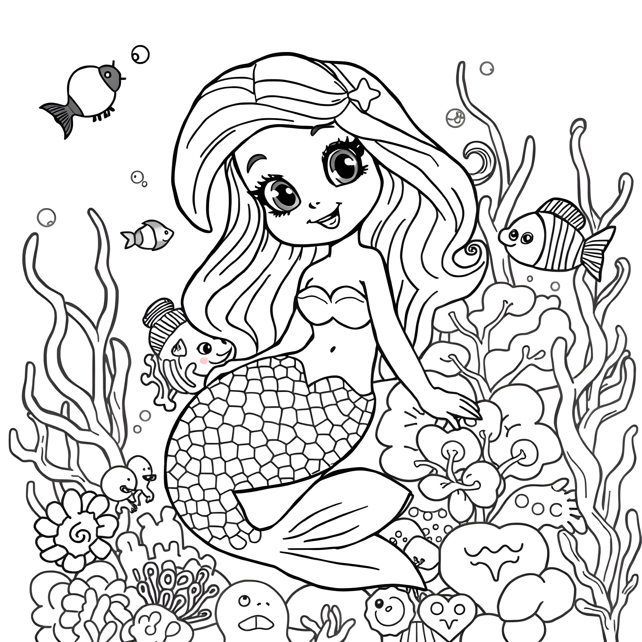 Mermaid surrounded by sea creatures and coral reefs Coloring Page (free black-and-white line drawing printable PDF for all, from beginners to advanced learners, including children, teens, adults, and seniors)