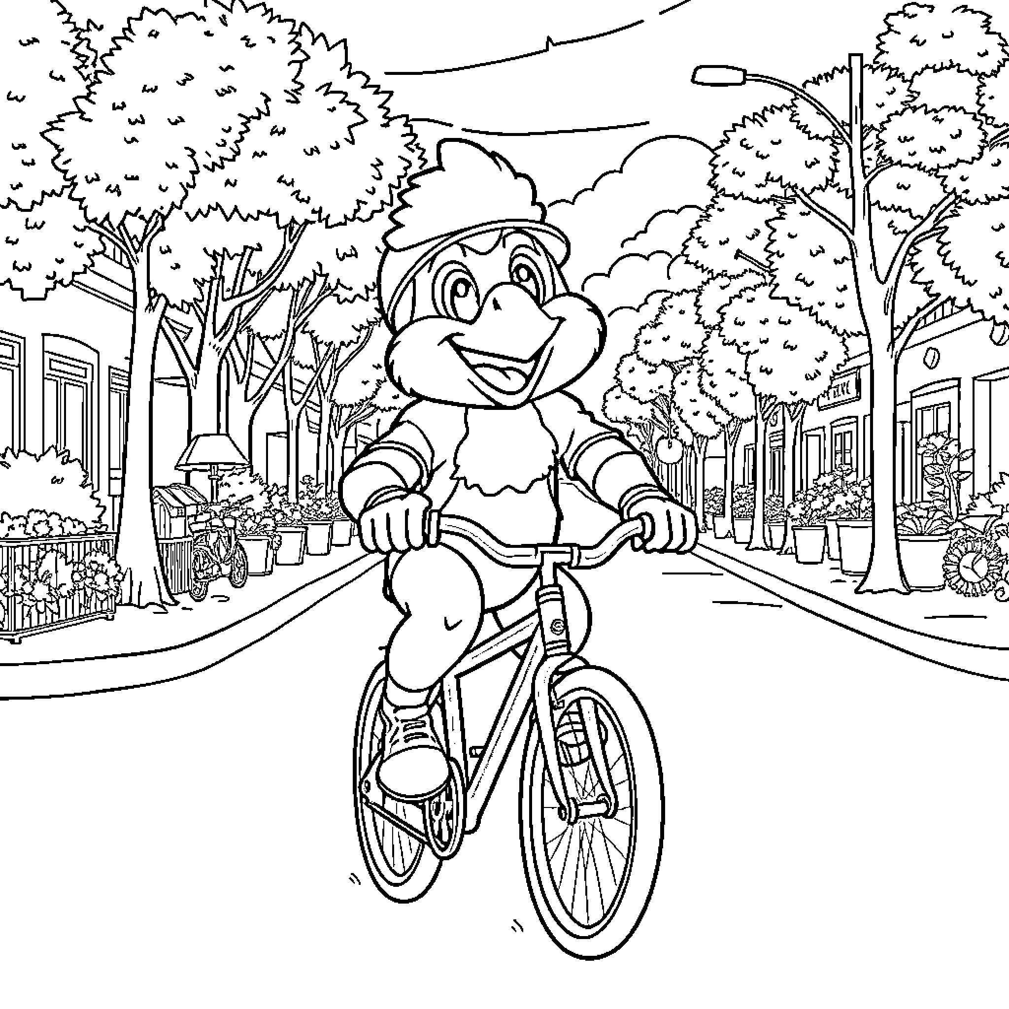 Swoop through the city streets on a bicycle Coloring Page (free black-and-white line drawing printable PDF for all, from beginners to advanced learners, including children, teens, adults, and seniors)