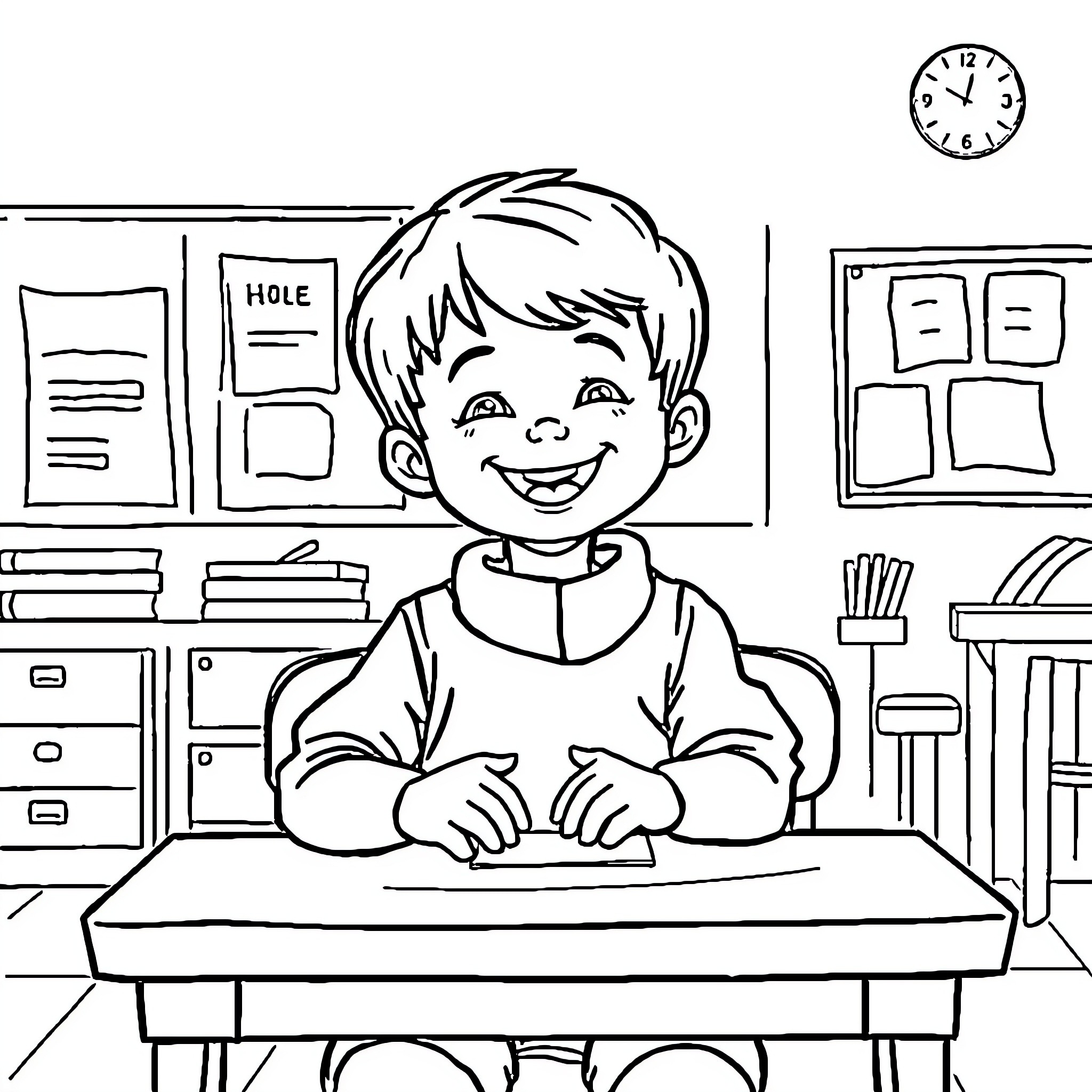 Student happily working at desk in classroom Coloring Page (free black-and-white line drawing printable PDF for all, from beginners to advanced learners, including children, teens, adults, and seniors)