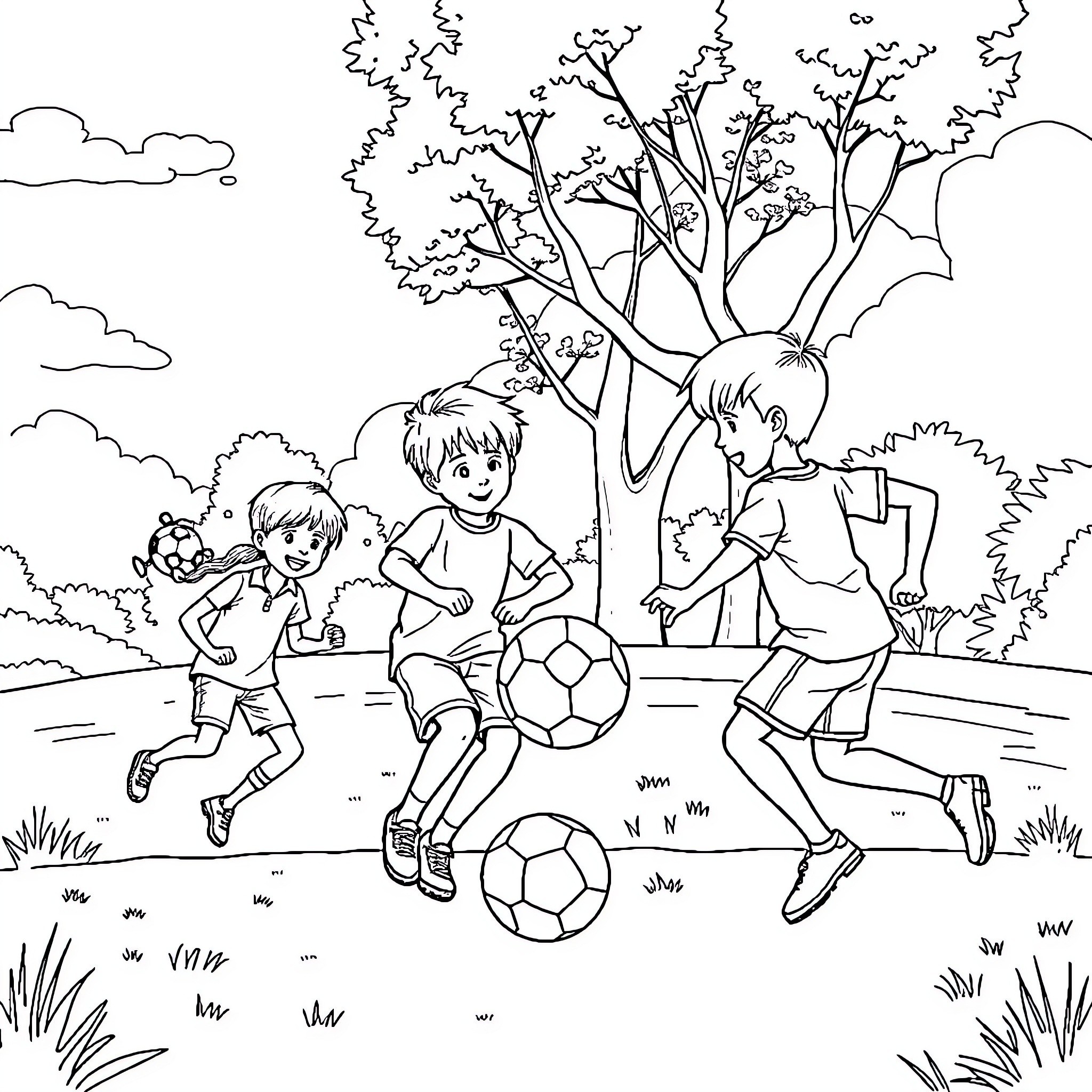 Korfball players in an outdoor setting Coloring Page (free black-and-white line drawing printable PDF for all, from beginners to advanced learners, including children, teens, adults, and seniors)