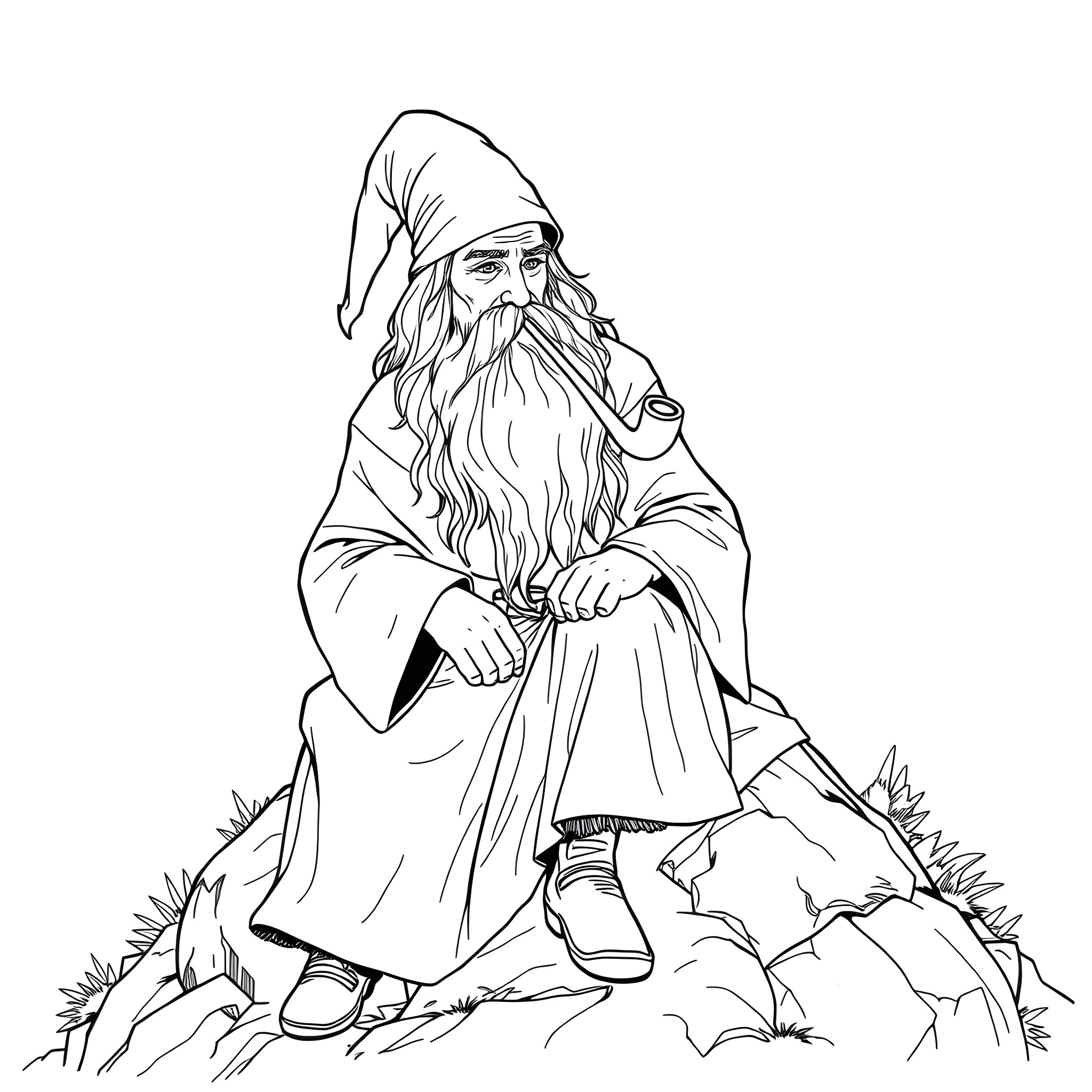 Gandalf the Wizard Sitting in Contemplation Coloring Page (free black-and-white line drawing printable PDF for all, from beginners to advanced learners, including children, teens, adults, and seniors)