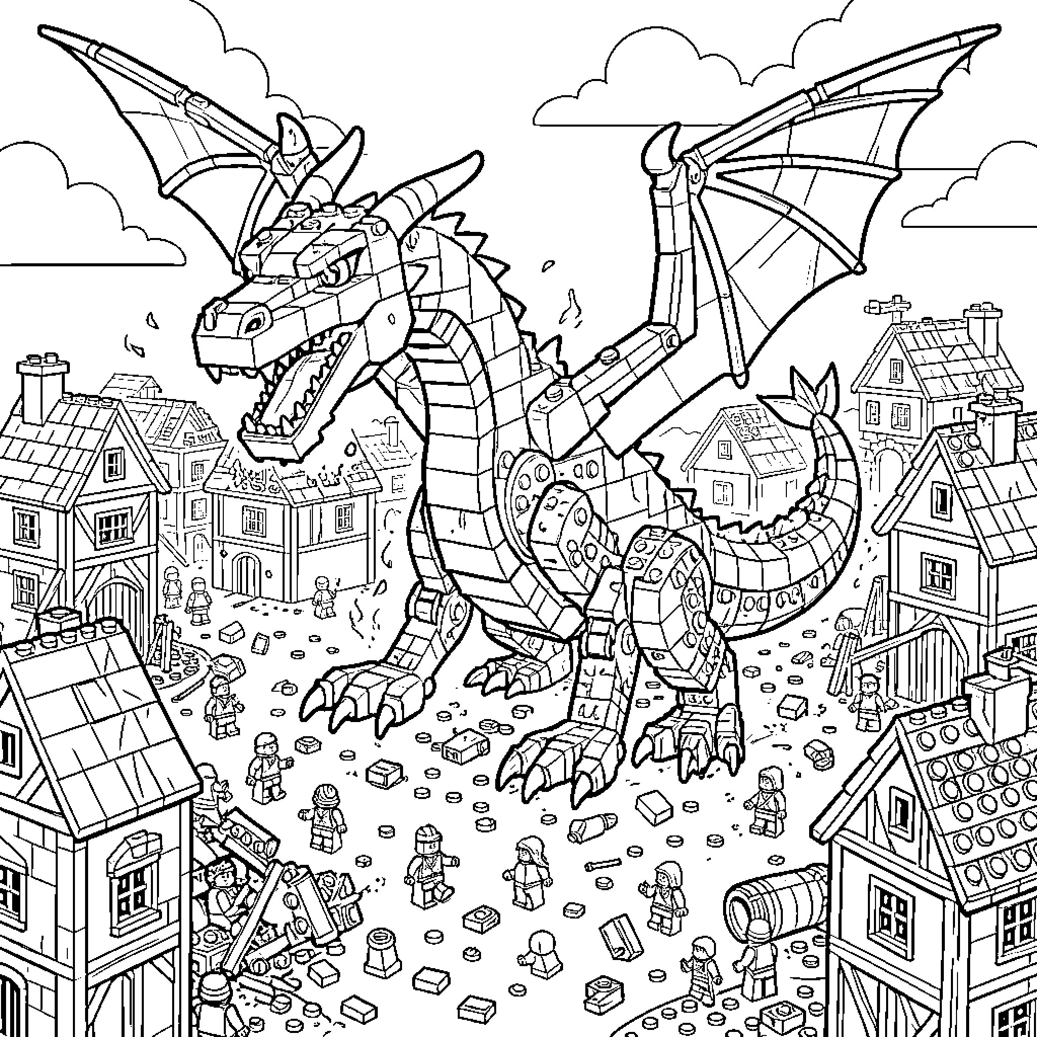 Dragon stomping through a village of small figures Coloring Page (free black-and-white line drawing printable PDF for all, from beginners to advanced learners, including children, teens, adults, and seniors)