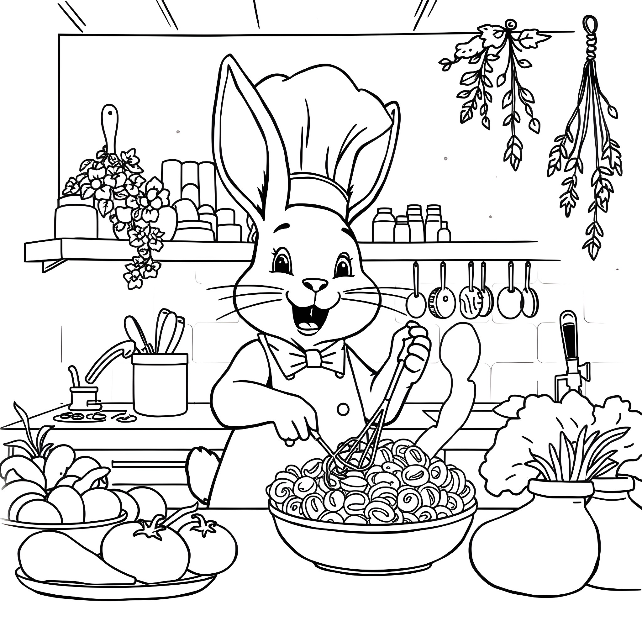 Bunny cooking happily in the kitchen Coloring Page (free black-and-white line drawing printable PDF for all, from beginners to advanced learners, including children, teens, adults, and seniors)