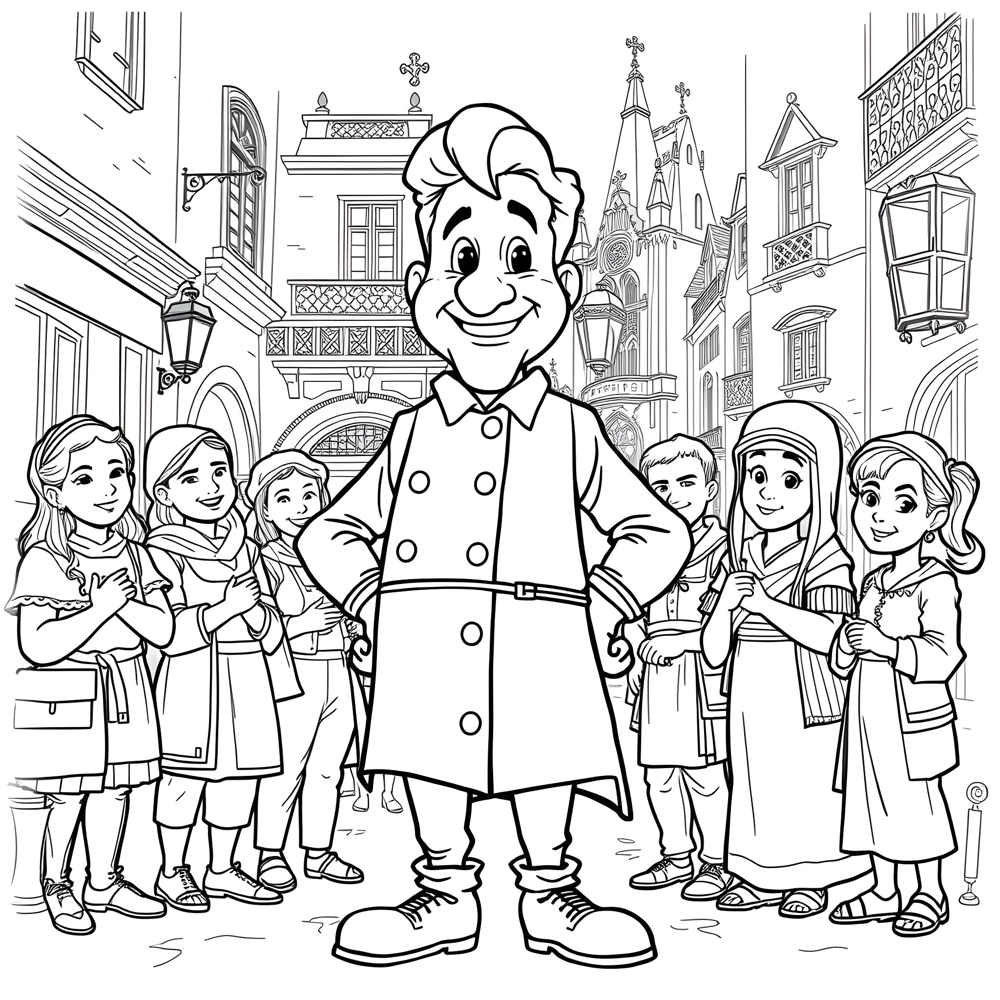 Gastón's Cheerful Outing in the Historic City Coloring Page (free black-and-white line drawing printable PDF for all, from beginners to advanced learners, including children, teens, adults, and seniors)