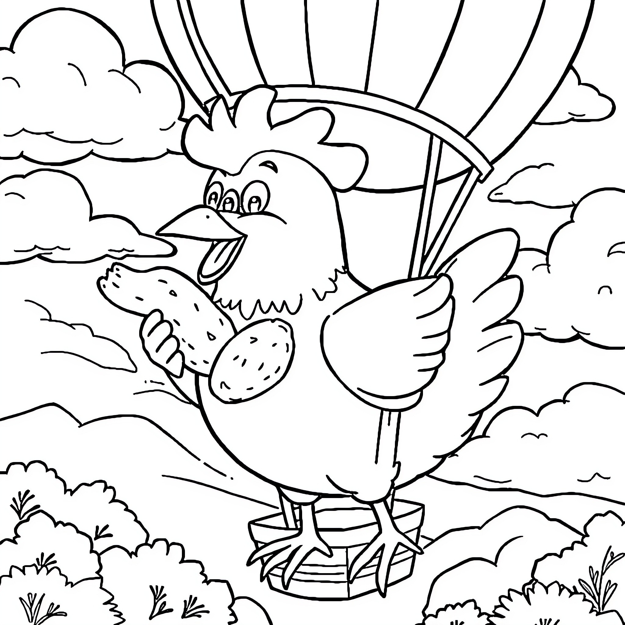 Chicken flying happily in the sky Coloring Page (free black-and-white line drawing printable PDF for all, from beginners to advanced learners, including children, teens, adults, and seniors)