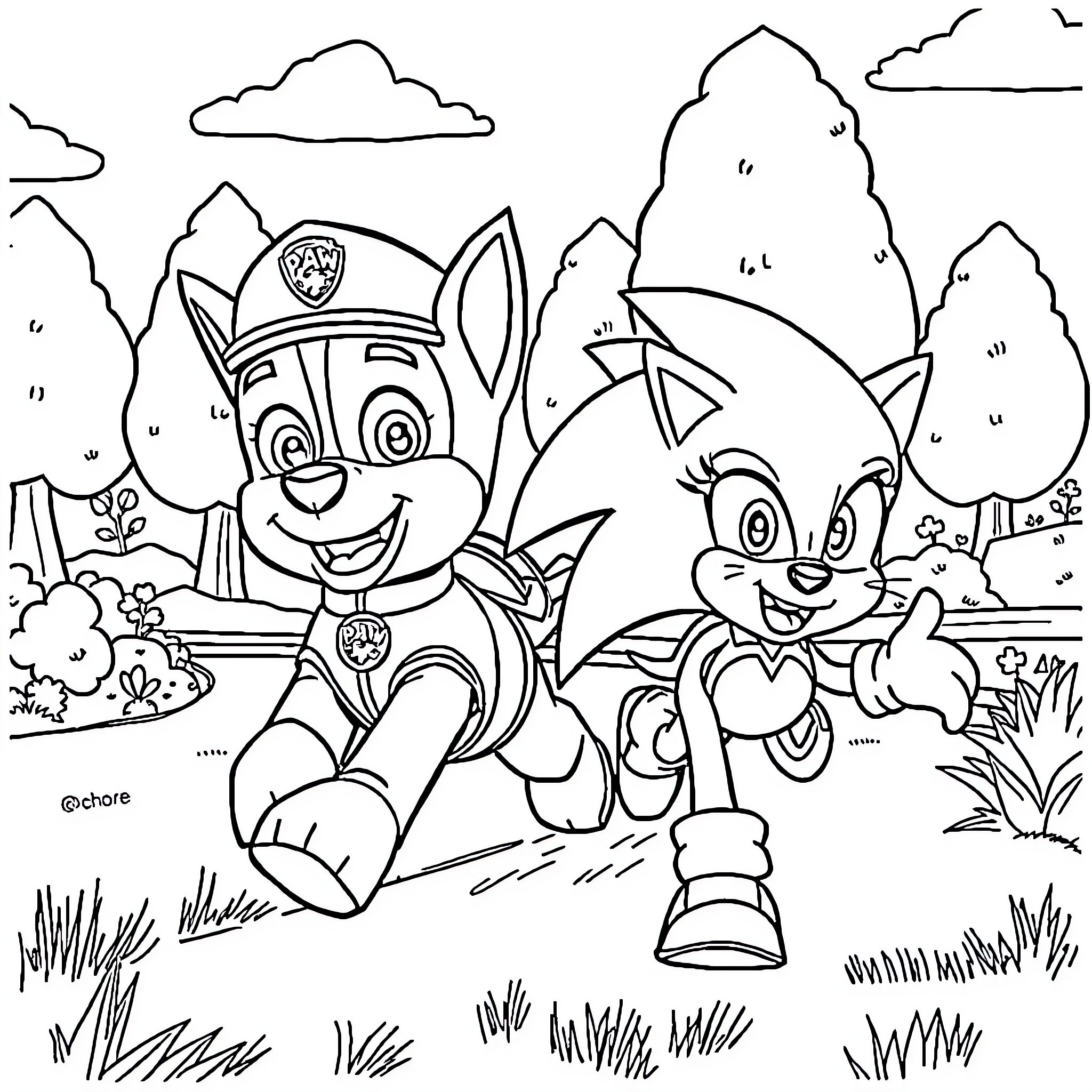 Chase of pups in the wilderness Coloring Page (free black-and-white line drawing printable PDF for all, from beginners to advanced learners, including children, teens, adults, and seniors)