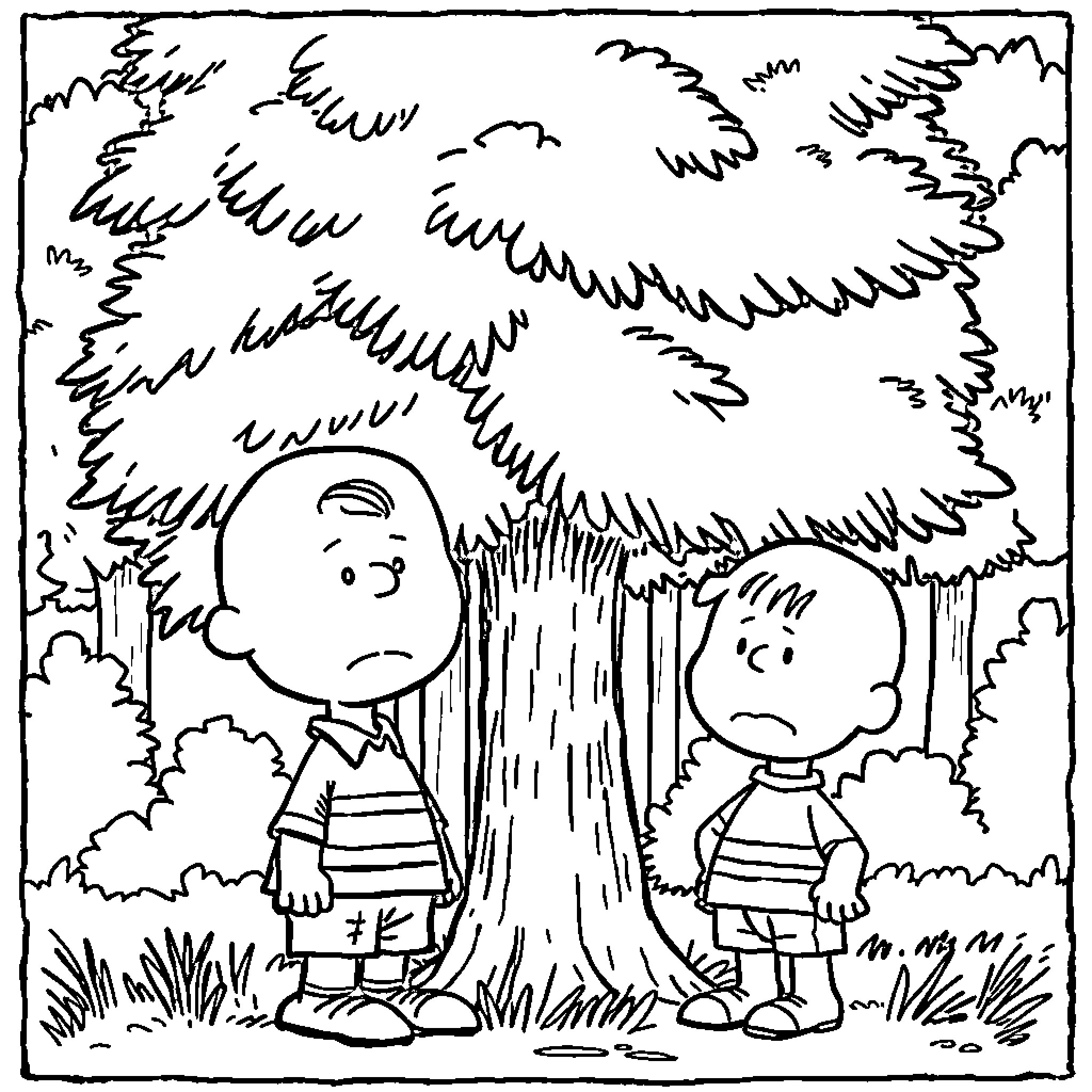 Charlie Brown and Friend in Troubled Woods Coloring Page (free black-and-white line drawing printable PDF for all, from beginners to advanced learners, including children, teens, adults, and seniors)