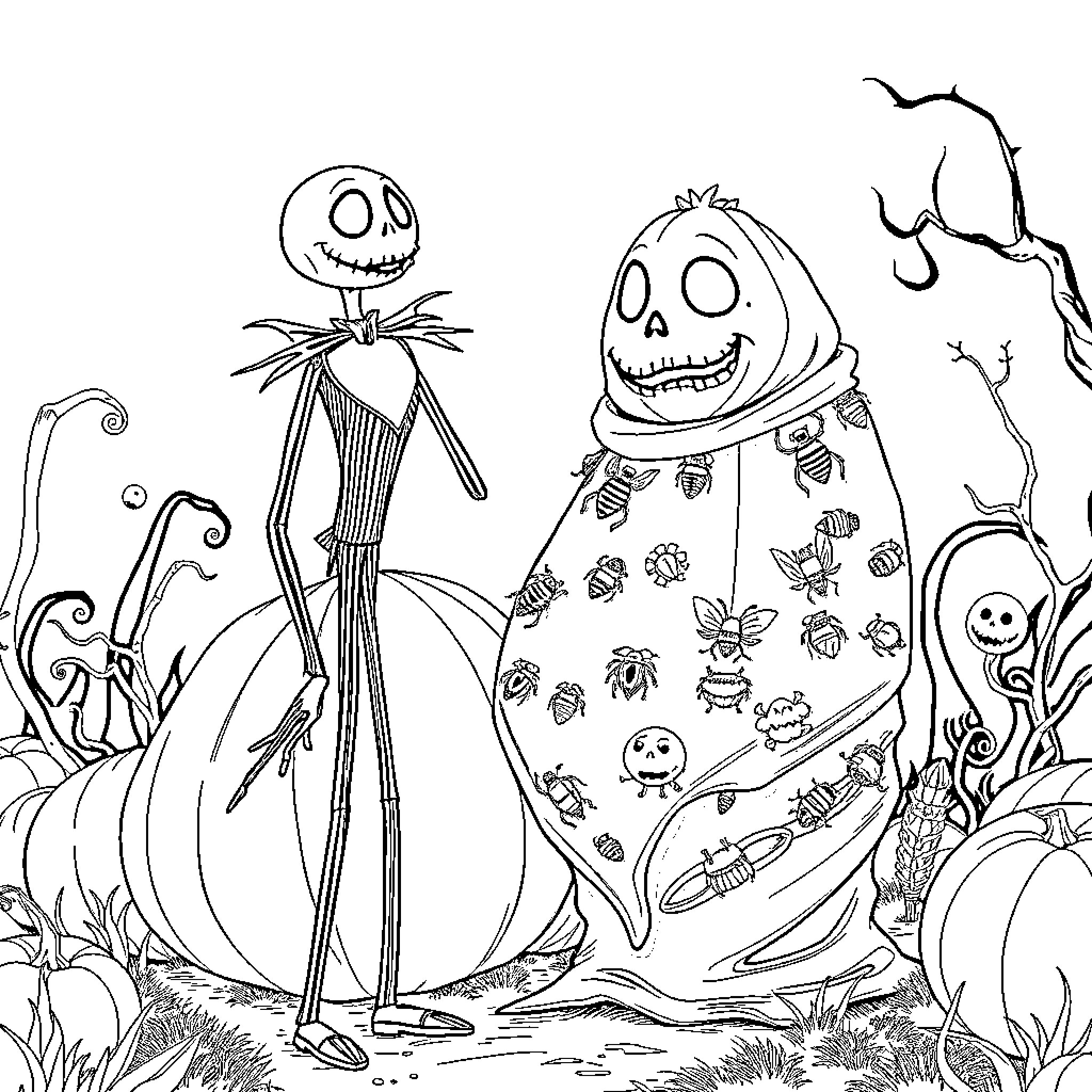 Jack Skellington and friends explore a spooky scene Coloring Page (free black-and-white line drawing printable PDF for all, from beginners to advanced learners, including children, teens, adults, and seniors)
