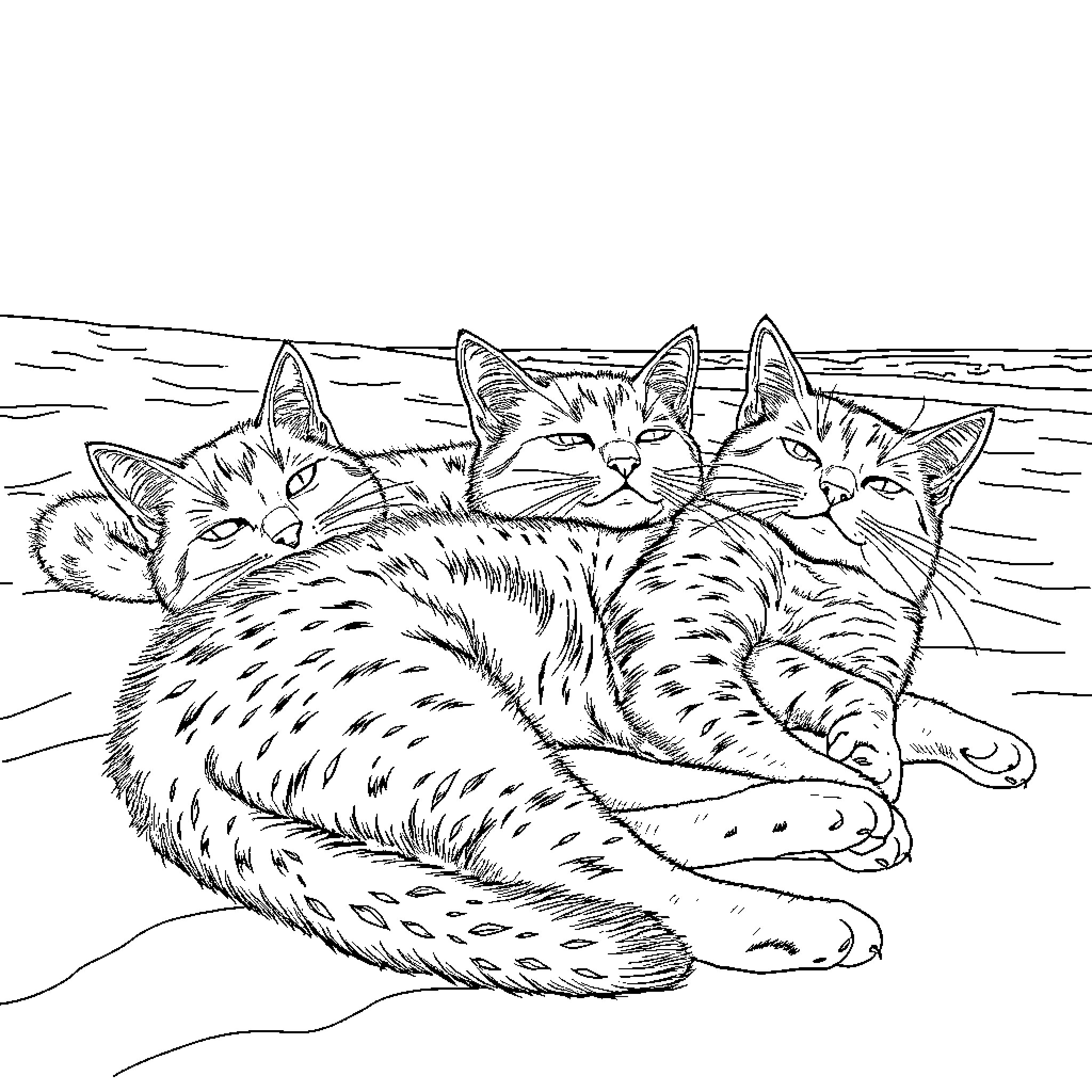 Cat Nap Time for Feline Friends Coloring Page (free black-and-white line drawing printable PDF for all, from beginners to advanced learners, including children, teens, adults, and seniors)