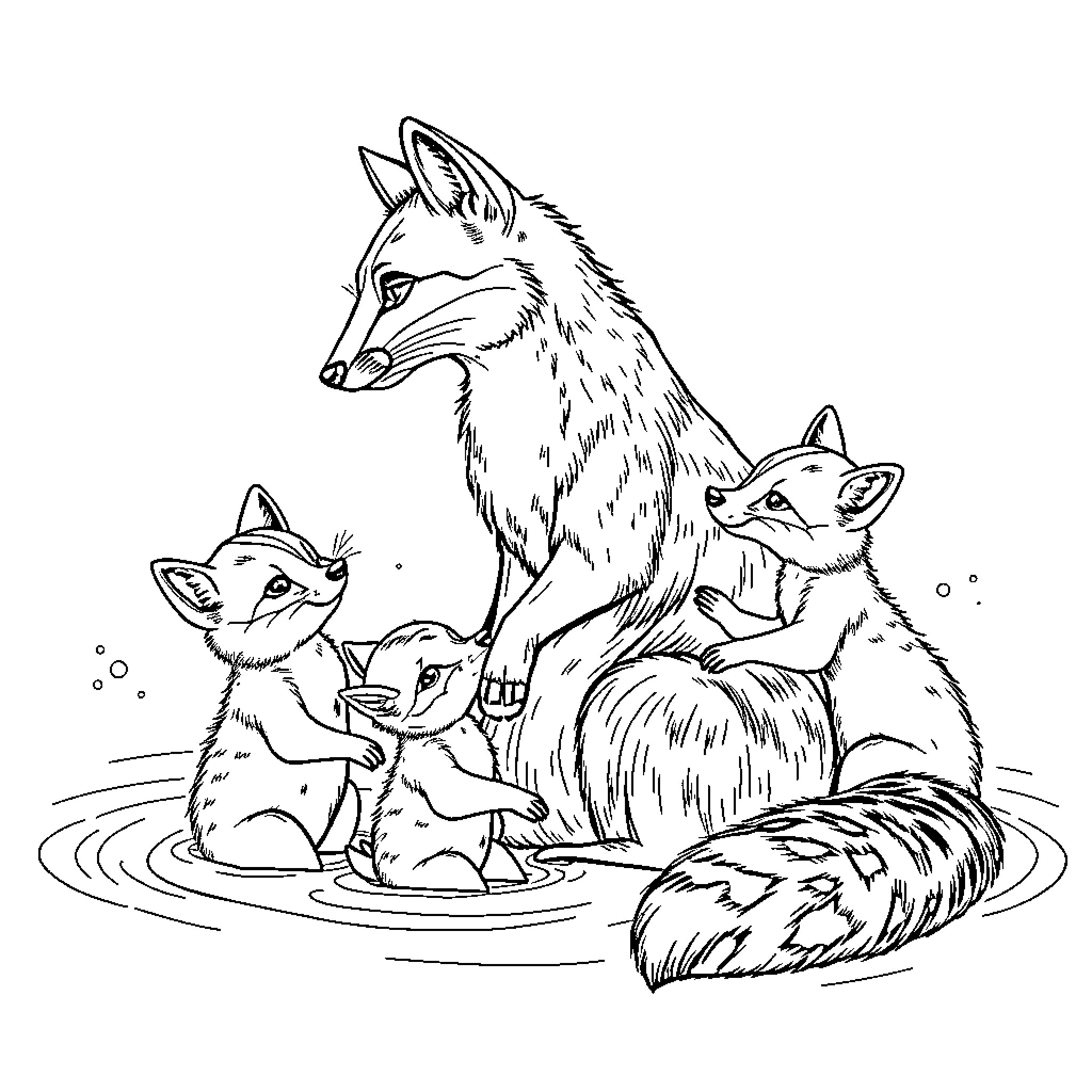 Fox Family Playing in the Wild Coloring Page (free black-and-white line drawing printable PDF for all, from beginners to advanced learners, including children, teens, adults, and seniors)