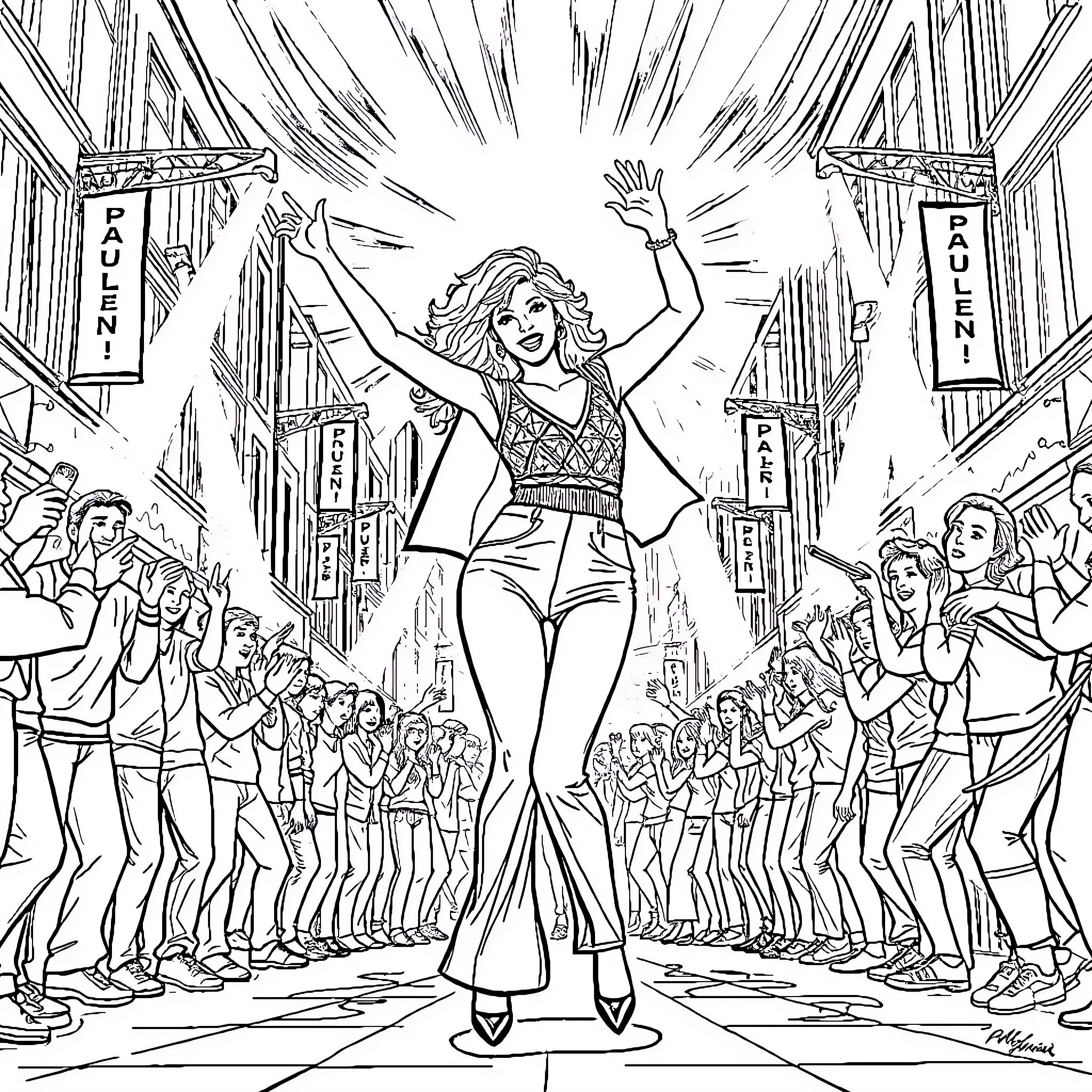 Paula Abdul's Energetic Stage Performance Coloring Page (free black-and-white line drawing printable PDF for all, from beginners to advanced learners, including children, teens, adults, and seniors)