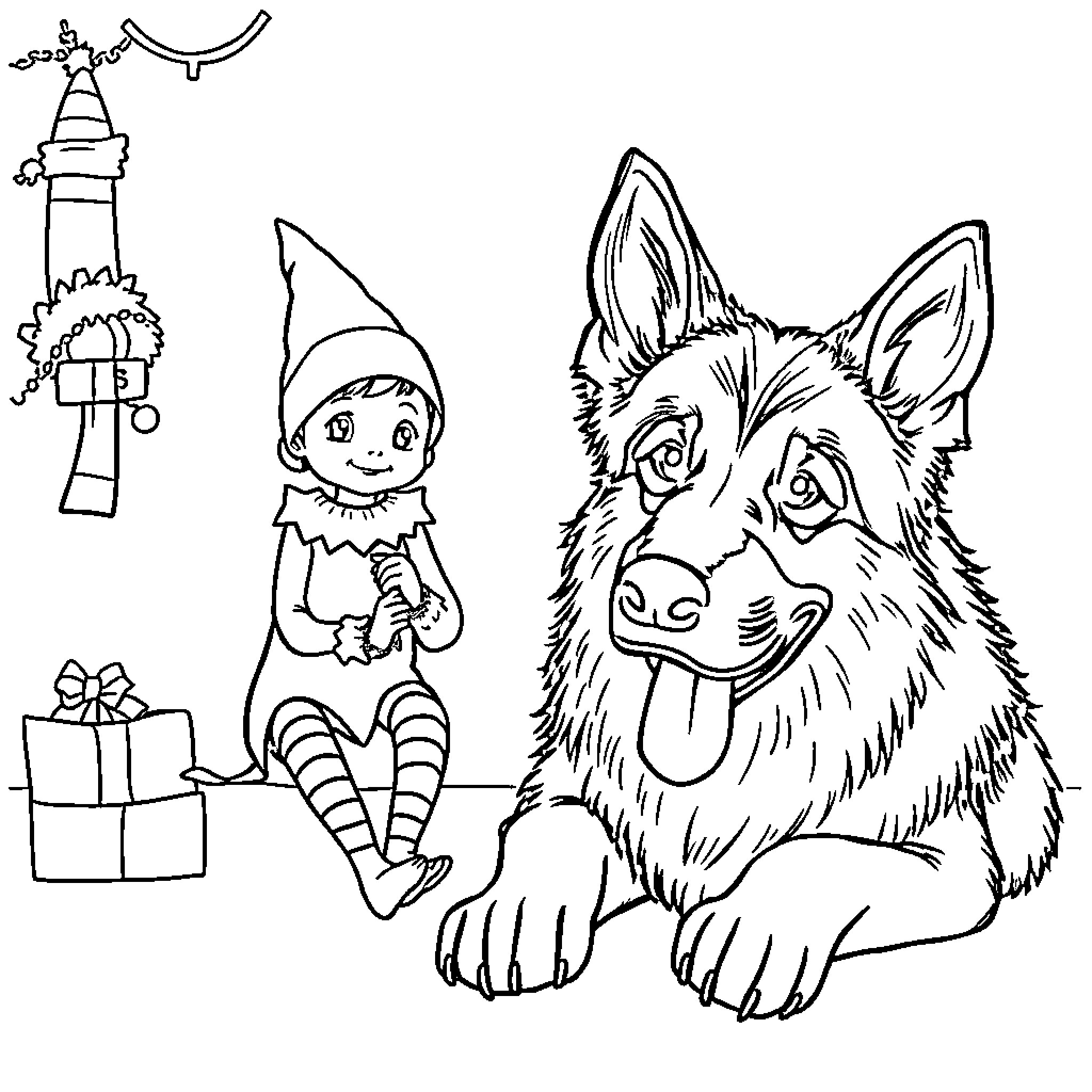 Elf and friendly dog playing with gifts Coloring Page (free black-and-white line drawing printable PDF for all, from beginners to advanced learners, including children, teens, adults, and seniors)