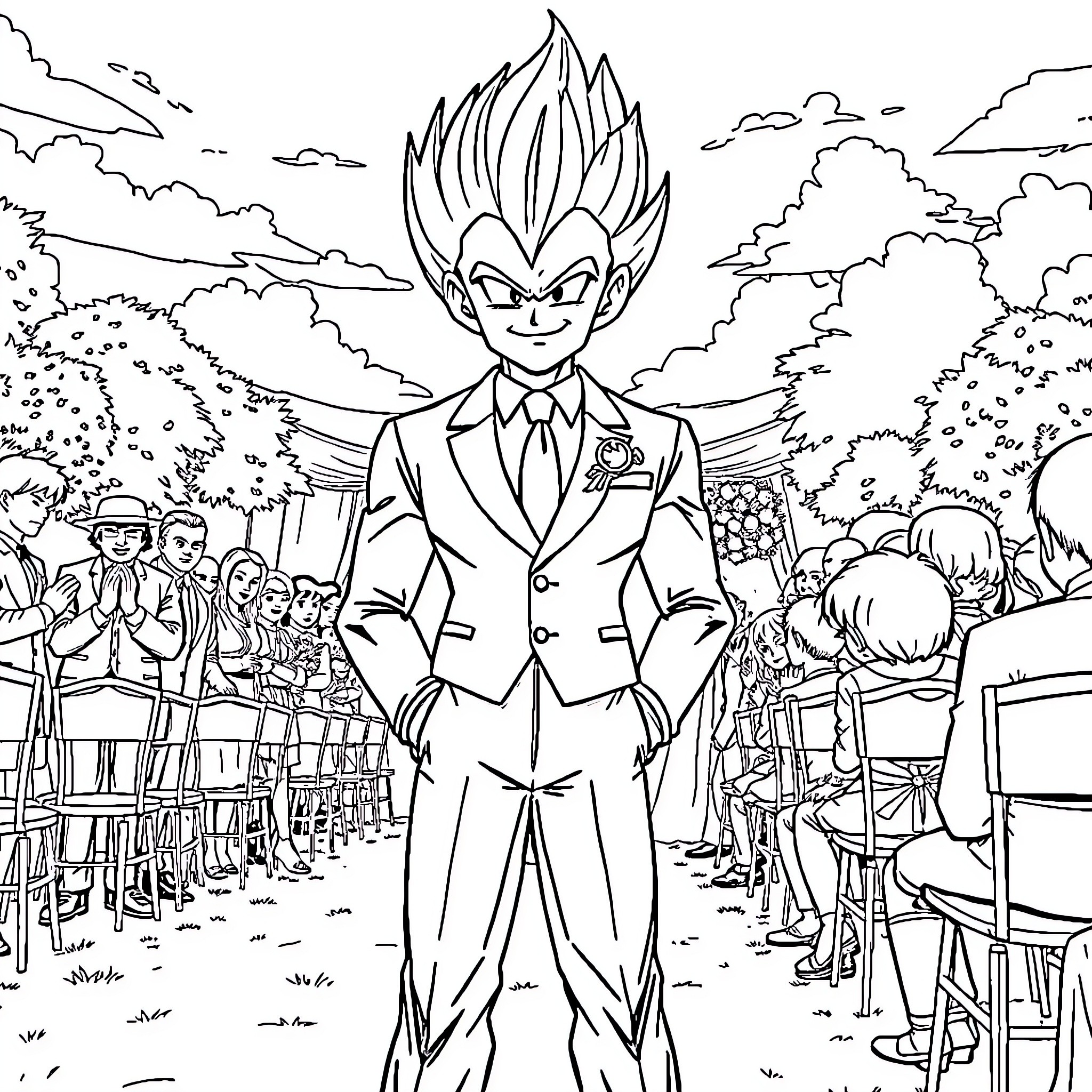 Vegeta's Formal Attire in a Crowd Coloring Page (free black-and-white line drawing printable PDF for all, from beginners to advanced learners, including children, teens, adults, and seniors)
