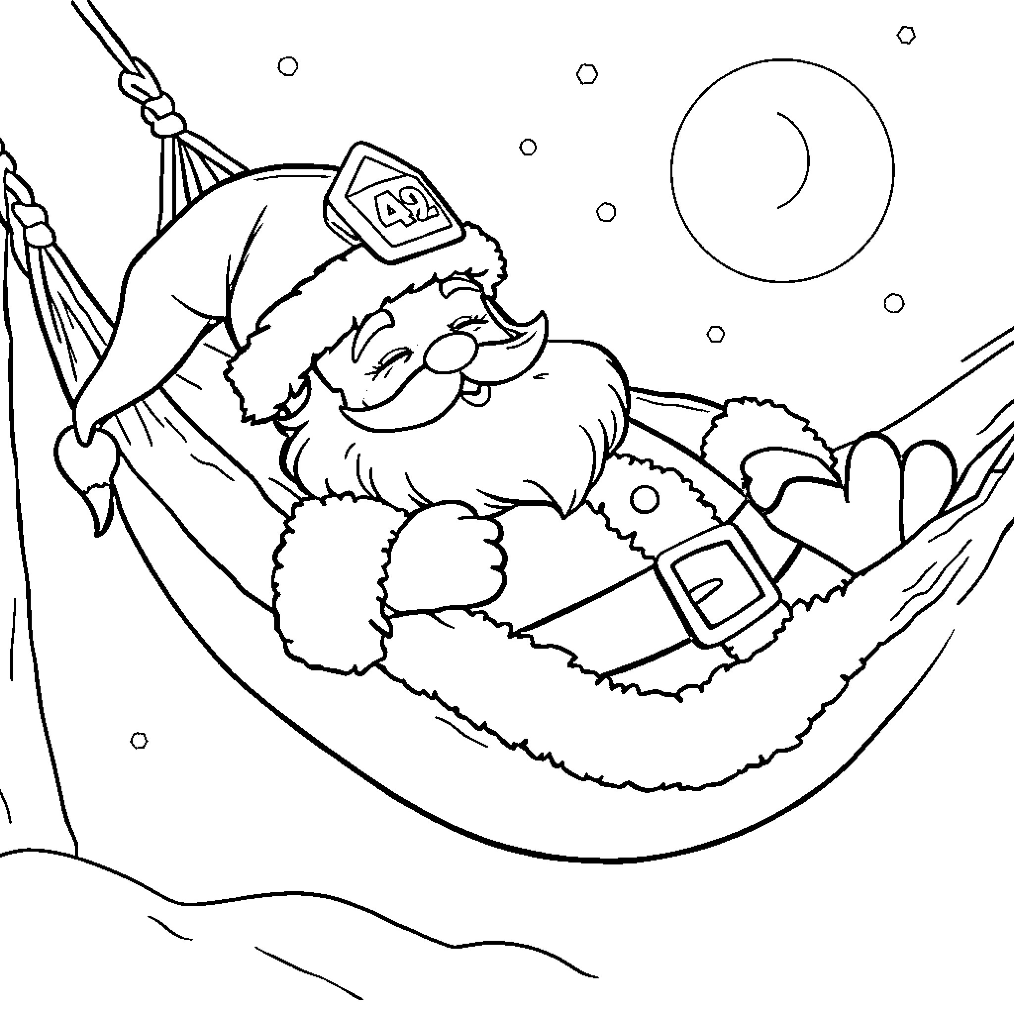 Santa Claus relaxing in a hammock under the moonlight Coloring Page (free black-and-white line drawing printable PDF for all, from beginners to advanced learners, including children, teens, adults, and seniors)