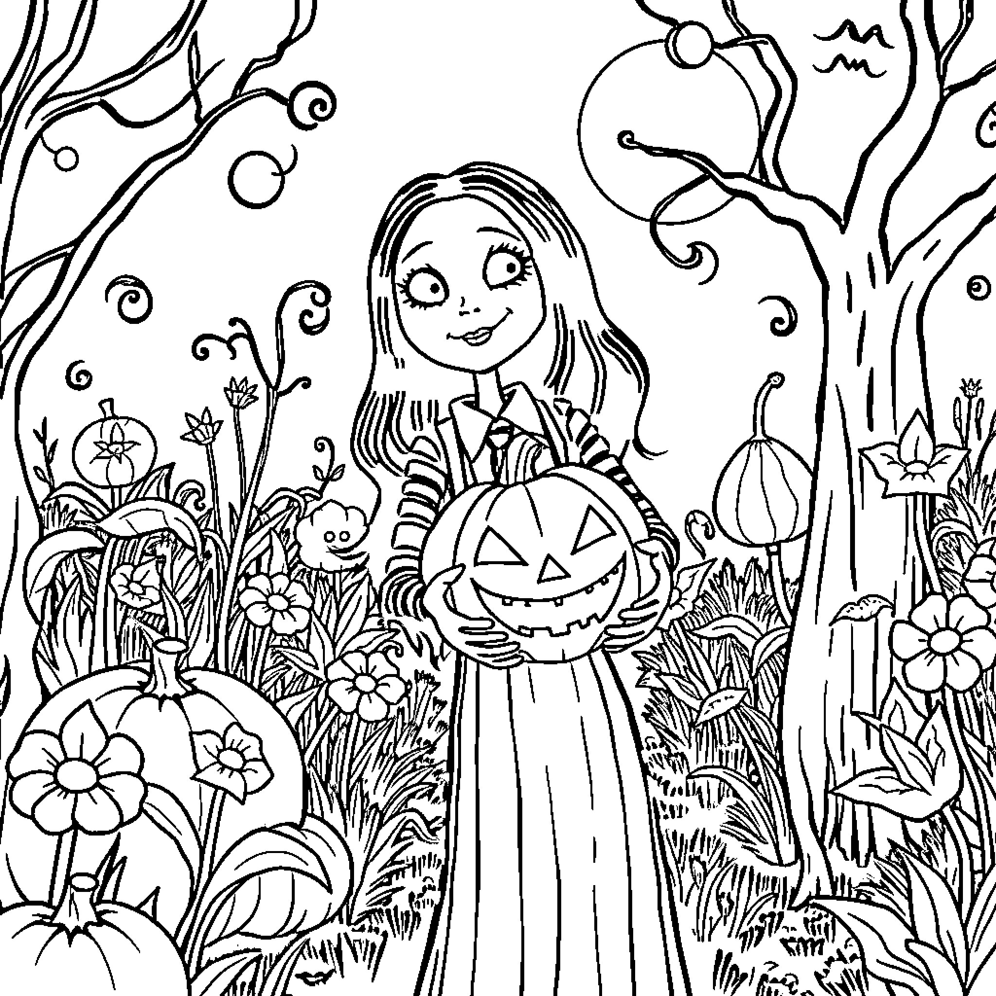 Wednesday's enchanted Halloween garden Coloring Page (free black-and-white line drawing printable PDF for all, from beginners to advanced learners, including children, teens, adults, and seniors)