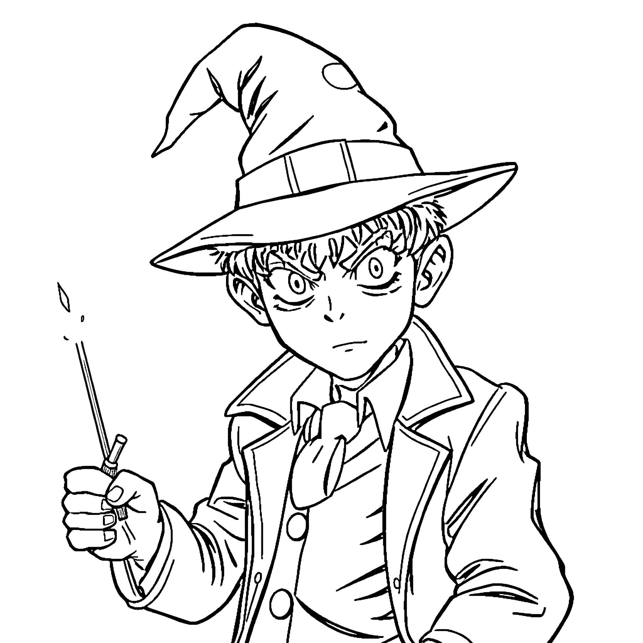 Detective Conan in a Mysterious Outfit Coloring Page (free black-and-white line drawing printable PDF for all, from beginners to advanced learners, including children, teens, adults, and seniors)