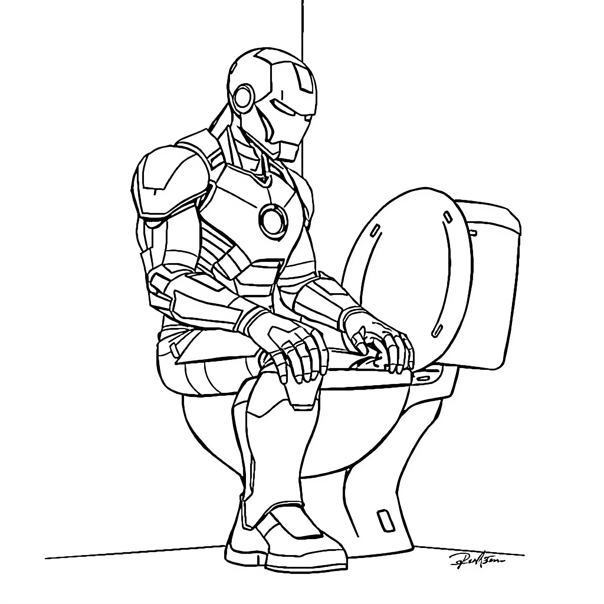 Iron Man Sitting on the Toilet Coloring Page (free black-and-white line drawing printable PDF for all, from beginners to advanced learners, including children, teens, adults, and seniors)