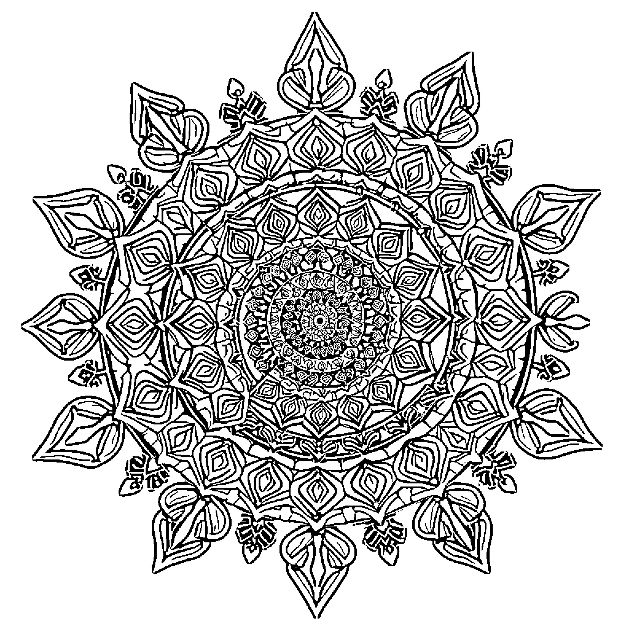 Hecate's Intricate Floral Mandala Coloring Page (free black-and-white line drawing printable PDF for all, from beginners to advanced learners, including children, teens, adults, and seniors)