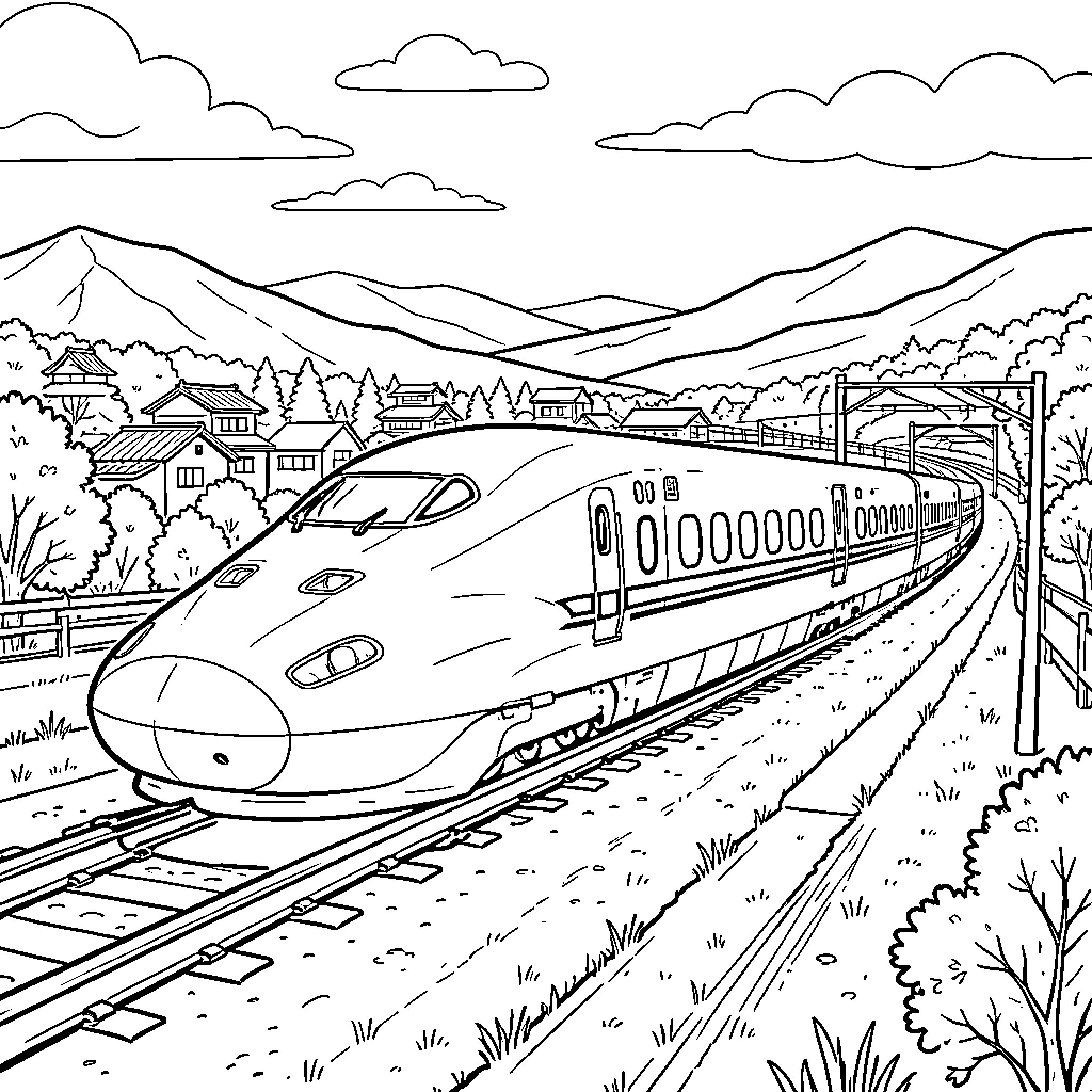 Shinkansen train speeding through scenic landscape Coloring Page (free black-and-white line drawing printable PDF for all, from beginners to advanced learners, including children, teens, adults, and seniors)