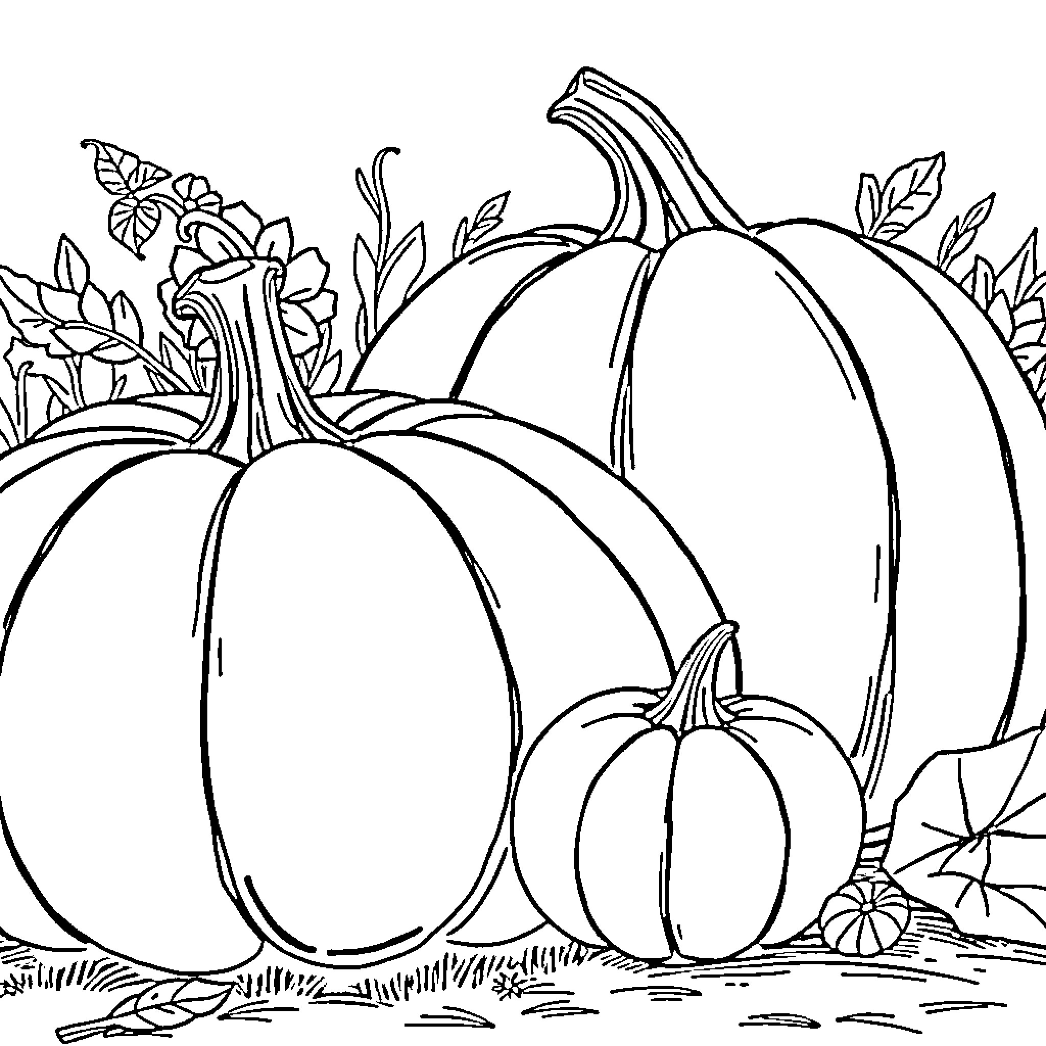 Pumpkins in the Fall Garden Coloring Page (free black-and-white line drawing printable PDF for all, from beginners to advanced learners, including children, teens, adults, and seniors)