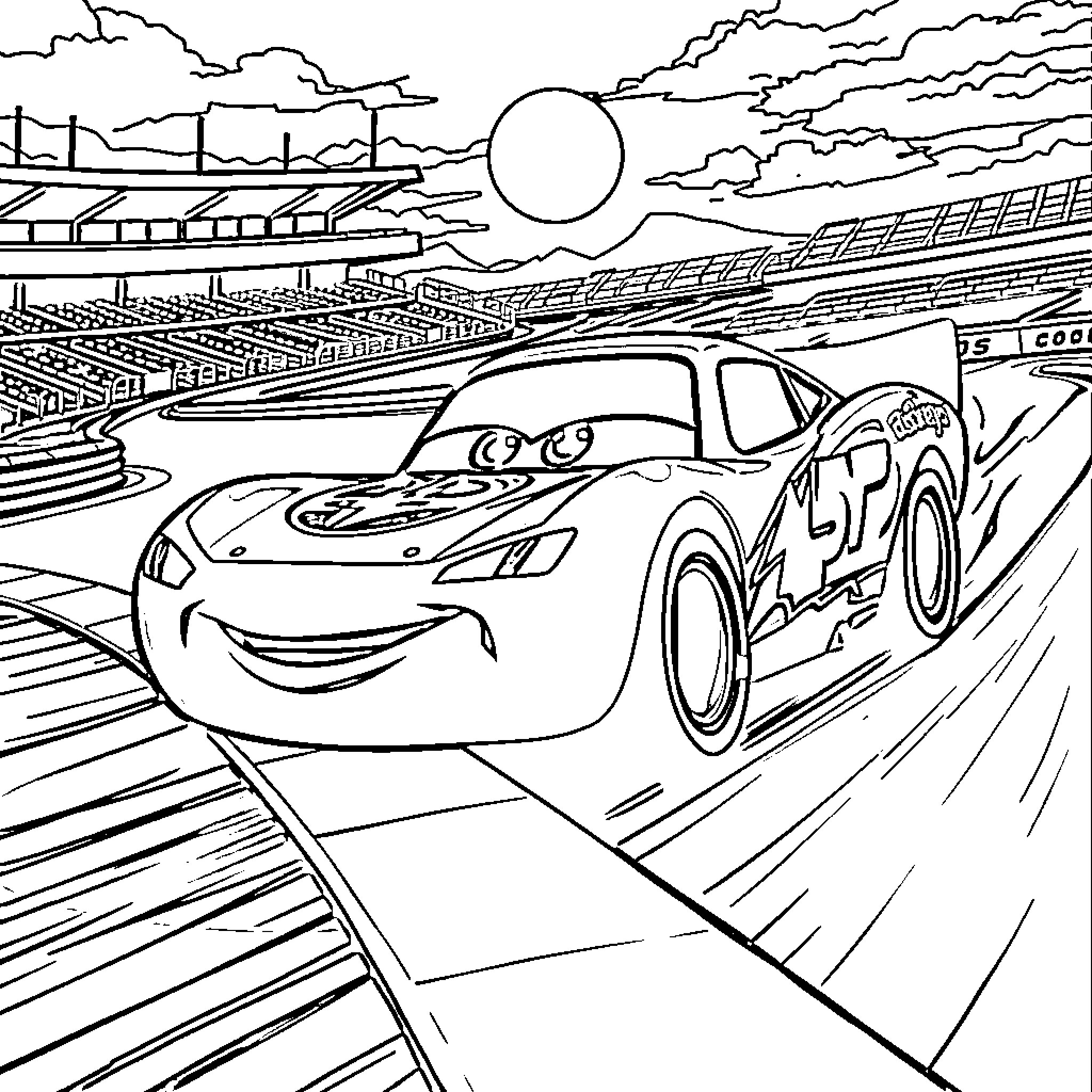 Lightning McQueen racing on the track Coloring Page (free black-and-white line drawing printable PDF for all, from beginners to advanced learners, including children, teens, adults, and seniors)